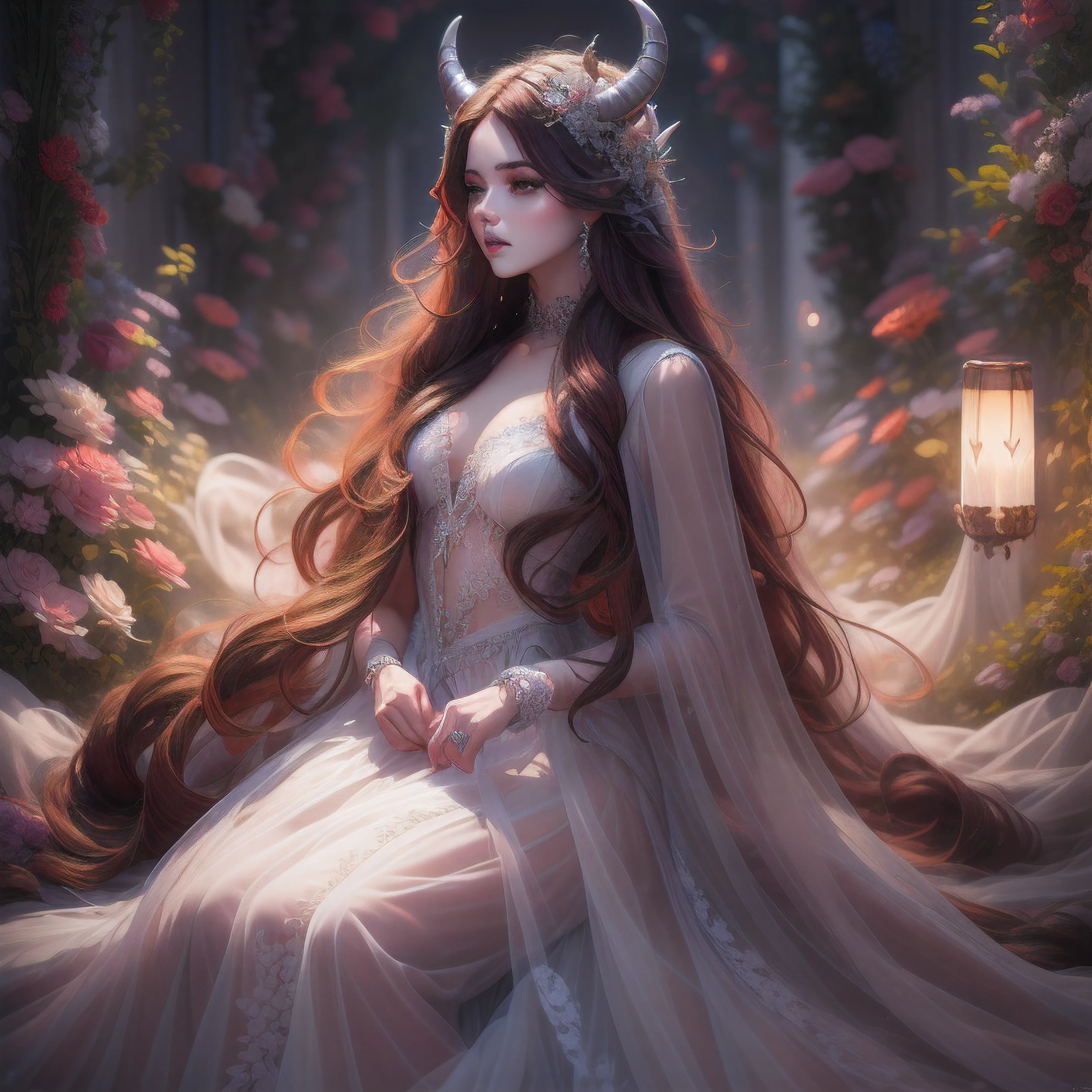 ((Masterpiece: 1.4, Best Quality))+,(Ultra Detail)+, Official Art, Unity 8k Wallpaper, Ultra Detailed, Beautiful, High Quality, Beautiful, Masterpiece, Best Quality, (Flat Chest), Full Body, Standing Painting, White Background, Red Straight Hair, Gloomy Eyes, Black Little Snake, White Theme, Red Jewelry, Studs, Black Lace Flats, Asymmetrical Skirt, Blood Stains on Skirt, Devil, Skeleton, Lots of Lace