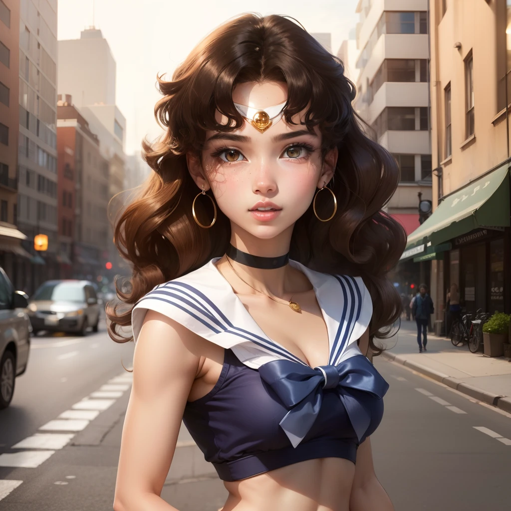Sailor Moon character (1), woman with brown hair, long curly hair, honey colored eyes, in the city, light tan skin, round rosy face, 16 years old, chubby, height short, Sailor Moon style. Sailor Moon character (2), woman with black hair, medium length coily hair, brown colored eyes, in the city, black woman, 16 years old, height tall, Sailor Moon Styles. Friends, hugging
