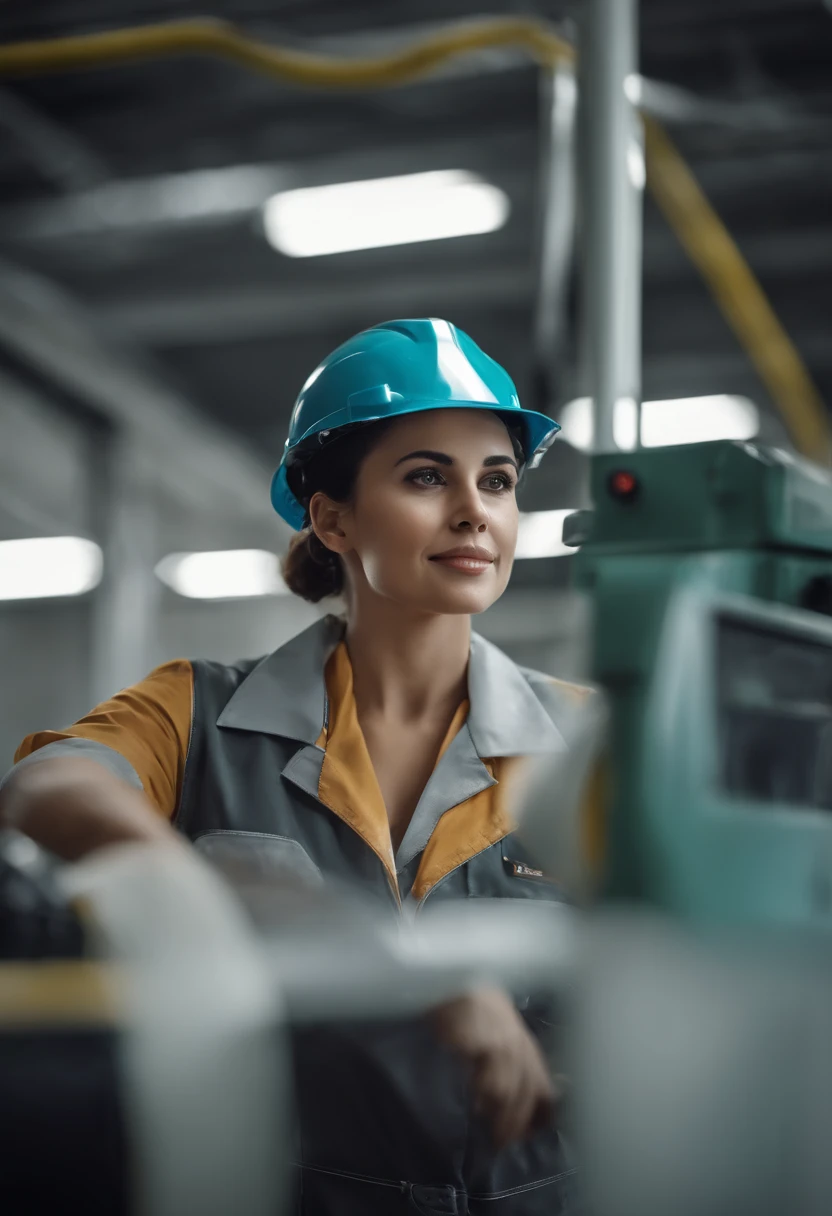 Create an image with maximum quality and advanced levels of detail. The scene shows a factory worker with a friendly and confident expression, com capacete branco e uniforme branco. O estilo da imagem deve evocar uma atmosfera de engenharia.