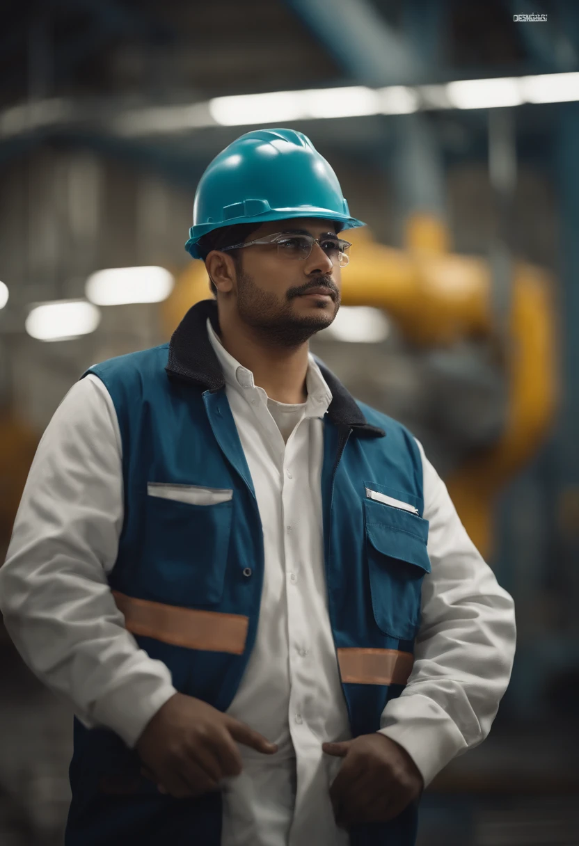 Create an image with maximum quality and advanced levels of detail. The scene shows a factory worker with a friendly and confident expression, com capacete branco e uniforme branco. O estilo da imagem deve evocar uma atmosfera de engenharia.