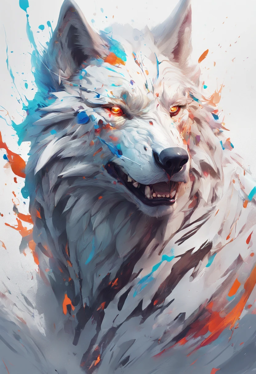 Splash art, a wolf head, ((white background)), piercing eyes, epic Instagram, artstation, splash style of colorful paint, contour, hyperdetailed intricately detailed , unreal engine, fantastical, intricate detail, splash screen, complementary colors, fantasy concept art, 8k resolution, deviantart masterpiece, oil painting, heavy strokes, paint dripping, splash arts