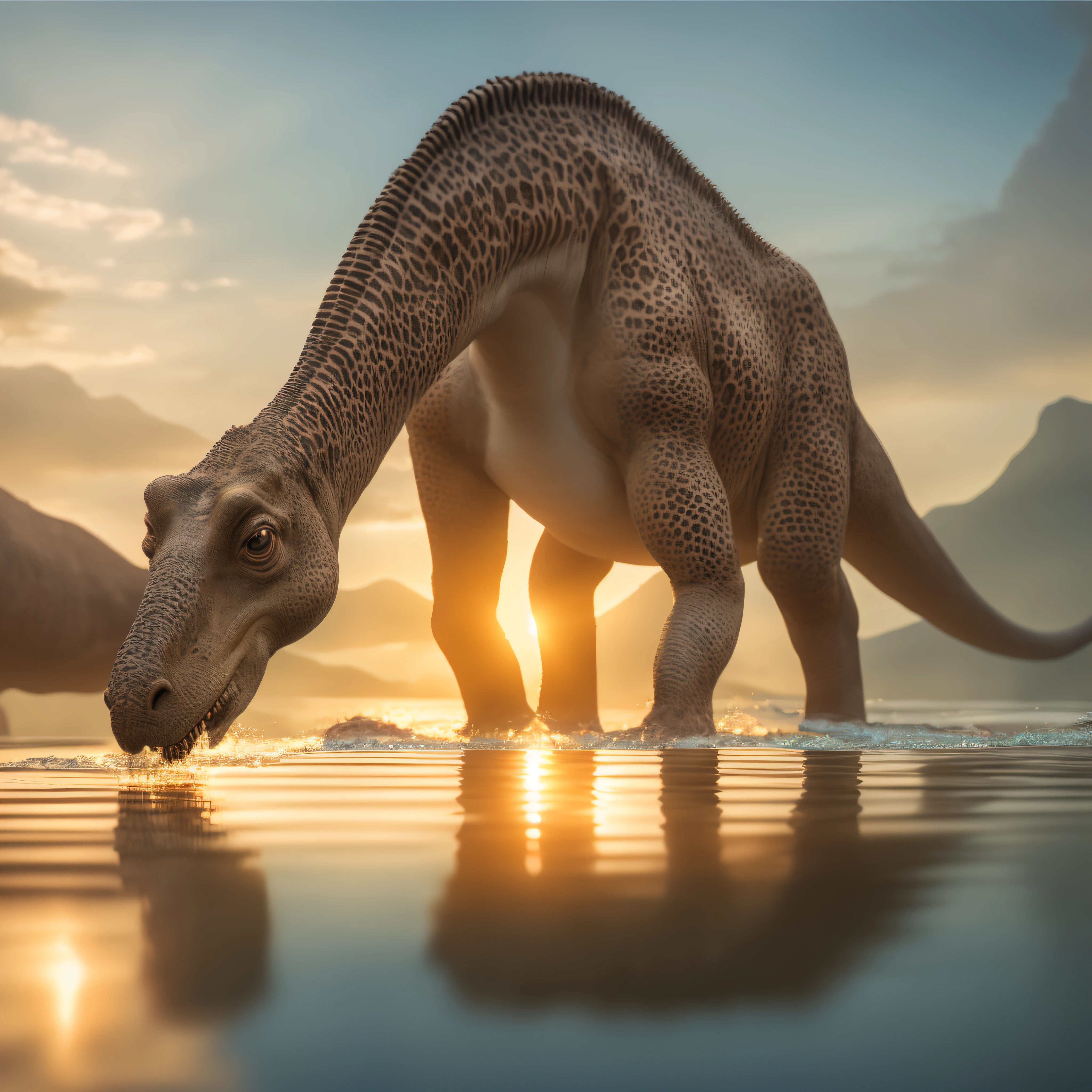 (one diplodocus),detailed (dinosaur),drinking from a (sparkling,crystal-clear) lake, surrounded by lush (green) vegetation, under (soft, warm) sunlight. The diplodocus has a (long, slender) neck, and its (large, intelligent) eyes are (carefully and artistically) crafted. It has (smooth, scaly) skin, with (intricate, realistic) patterns and (textures) that make it (truly lifelike). The dinosaur is (majestic and awe-inspiring) in size, conveying a sense of (power) and (grace). The landscape is (vibrant) and (lively), with (tall, towering) trees and (colorful) flowers, creating a (lush, captivating) environment. The water in the lake is (crystal clear), reflecting the scenery with (stunning) clarity. The (sunlight) casts a warm glow, creating (interesting shadows) and highlighting the diplodocus and its surroundings. The overall (artistic style) of the image is (realistic) and (detailed), capturing the essence of the diplodocus and its natural habitat.