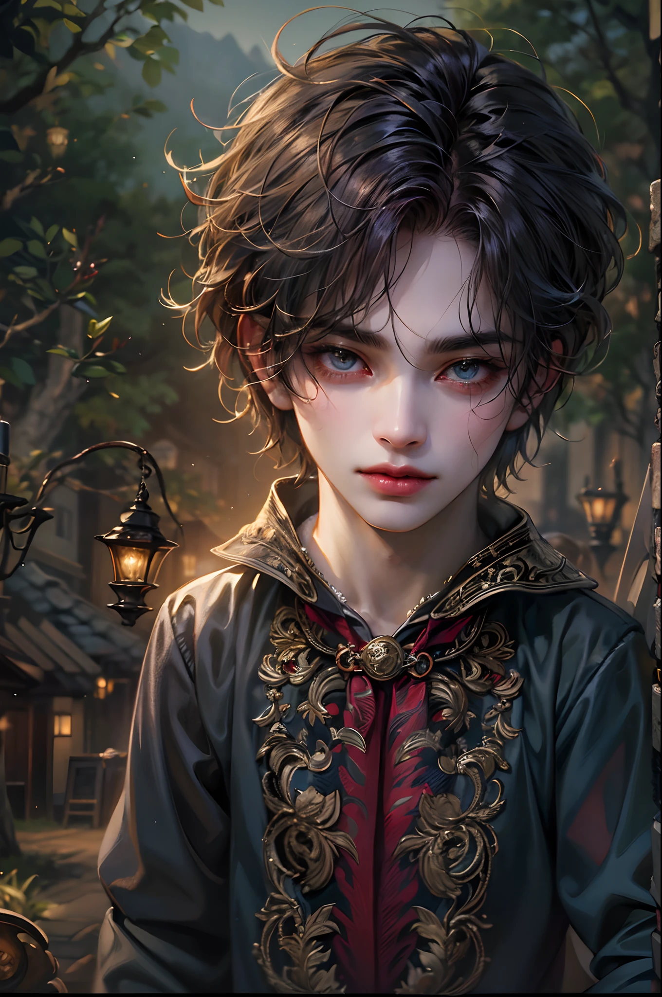(absurdres, highres, ultra detailed, HDR), masterpiece, best quality, A boy character from Twilight saga movie, handsome boy, a vampire, young boy, big anime eyes, detailed hair ornament, detailed scenery, detailed clothes