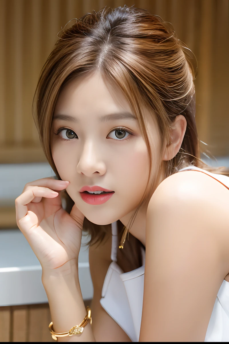 Alafe girl with light brown hair and white top、with light brown hair, Popular Korean Makeup, Portrait of female Korean idol, Gorgeous bracelets、耳Nipple Ring、a necklace