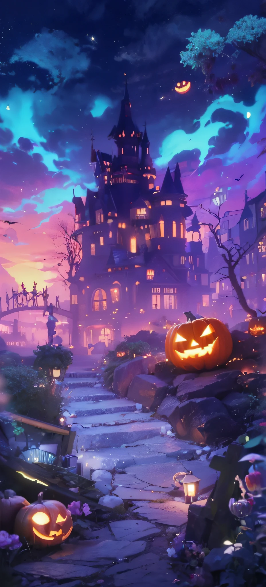 Halloween floating lights, Light and reflections in movies, Glowing lights, An intermediate element of the metaverse,Digital painting, Bright reflections, reflect, Halloween Jack Lantern, Quiet night, Digital illustration, Lovely atmosphere, Skylight at night, Quiet atmosphere at night, Jack-o'-lantern, Halloween, it's nighttime, Ten, game scenes, Halloween, Surrounded by clouds, Architecture of New York, Enamelled tiles, beautiful color, There are three arches in the foreground((Shade placement ink ) ), ((Splashing ink) Inky})), tmasterpiece, High career, graphics beautiful, High details,magnifica
