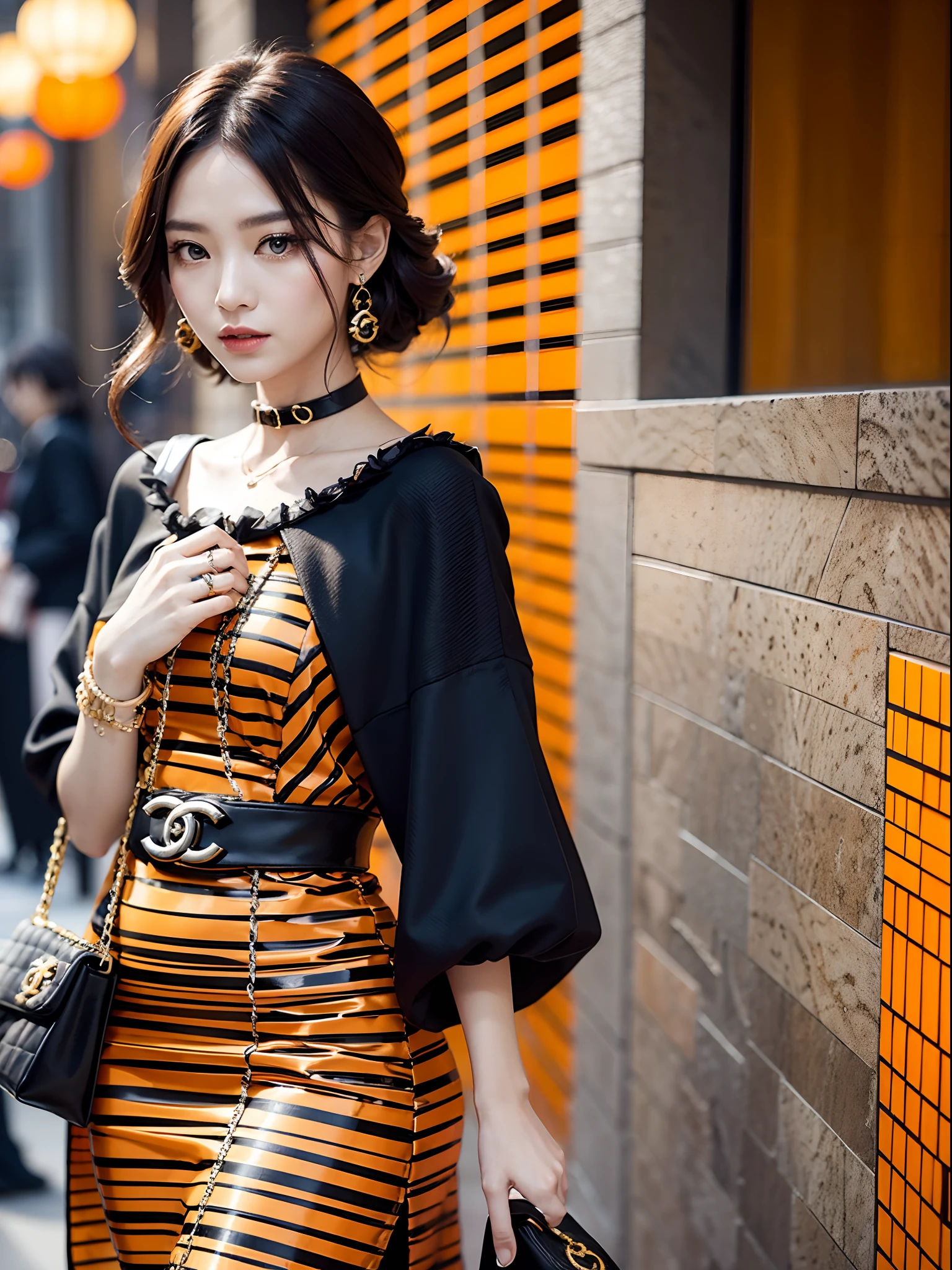 Halloween dresses designed by Chanel、Orange-black and gold、adult lady、Perfect Style、Handbags with the same motif、Dinner at a luxury hotel、masutepiece、top-quality、The ultimate photorealistic