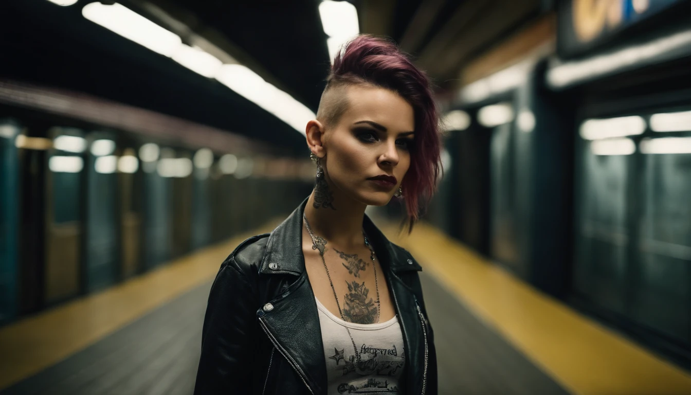 punk girl posing for a photo in a subway, punk fashion, tattoed face, tattooes, beautiful punk woman, night shooting, subway lights, ultra detailed.