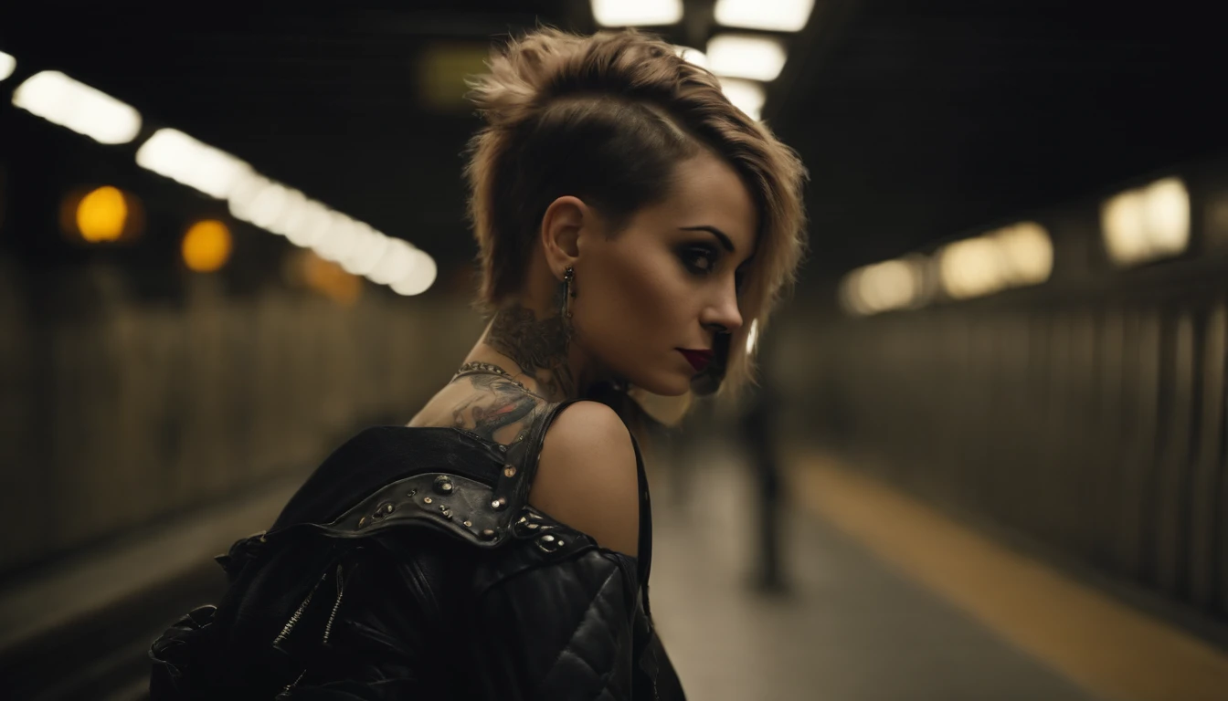 punk girl posing for a photo in a subway, punk fashion, tattoed face, tattooes, beautiful punk woman, night shooting, subway lights, ultra detailed.
