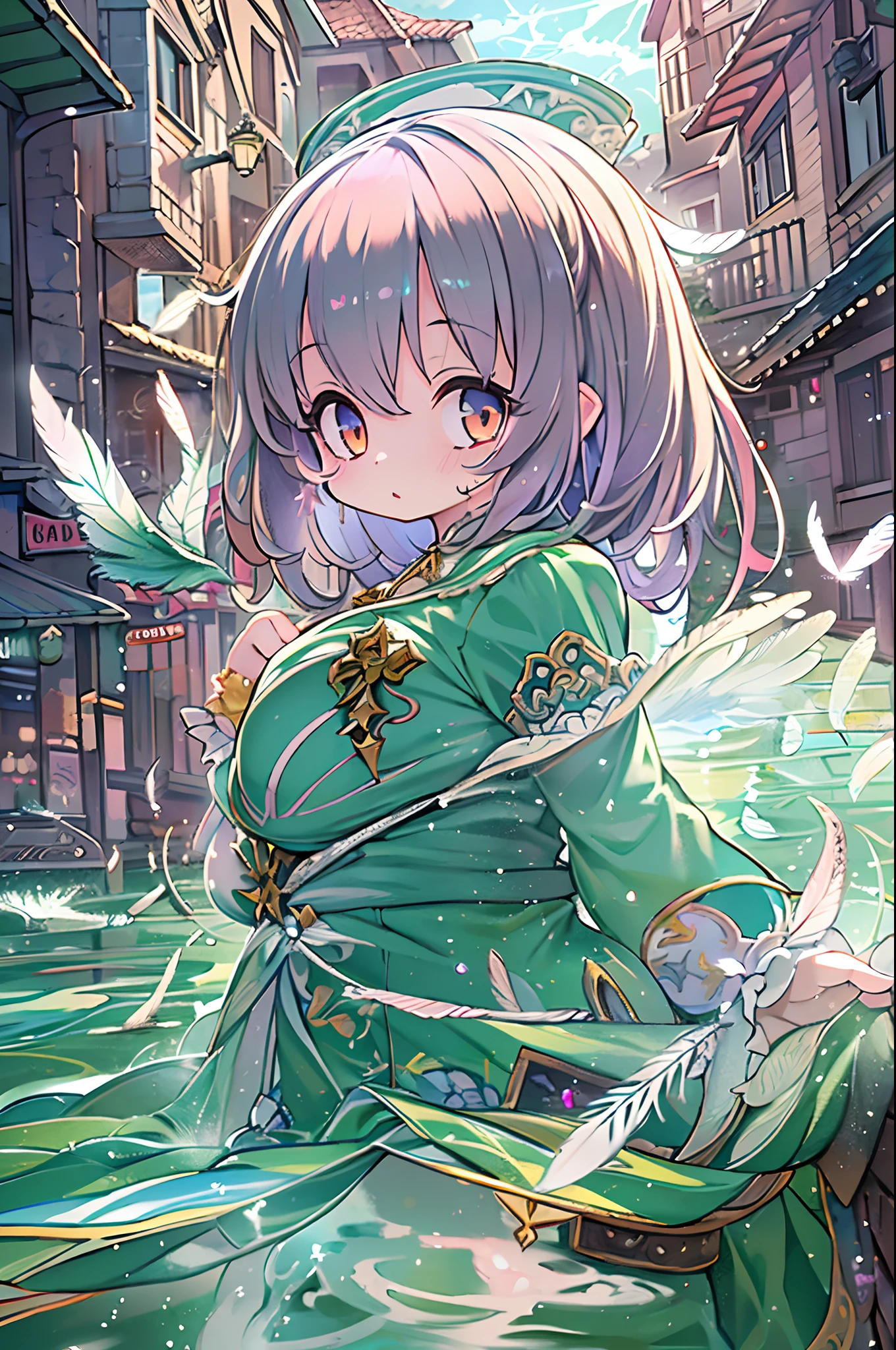 absurderes, hight resolution,, (1girl in, Solo), Big eyes,, townscape,, (Water Effects, Light Effects, fluttering feathers:1.2),bbw