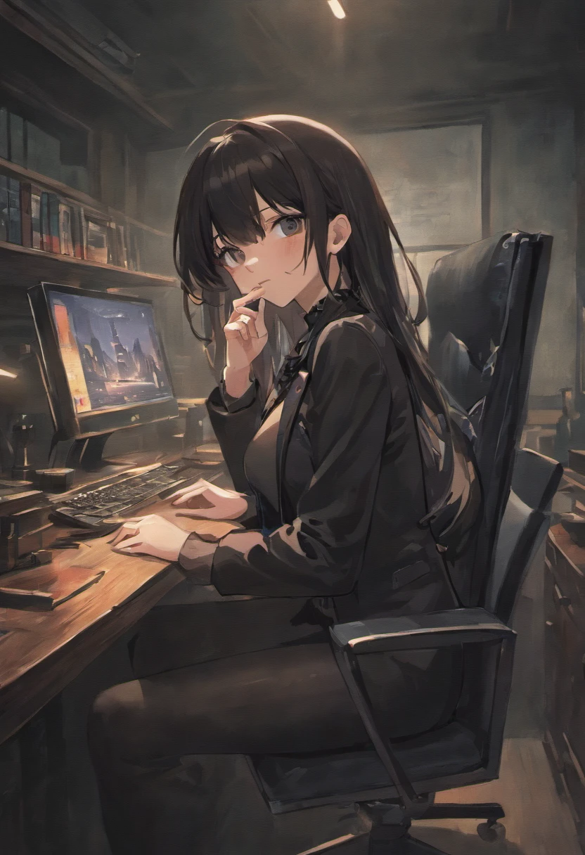 I'm wearing black leather gloves up to my fingertips in both hands and covering my upper body. Black leather double rider jacket. Slender necklace. A young and cute Japanese girl with beautiful black hair. Sitting on a black leather chair at the desk in the president's room at night. Pray. Naked