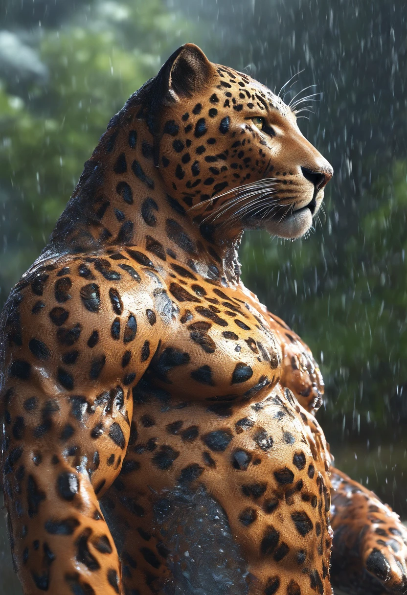 detailed realistic photo of strong male anthropomorphic bipedal leopard warrior soaked wet in rain, visible erect penis , realistic wet fabric, realistic wet fur, full body view, flirty lewd pose