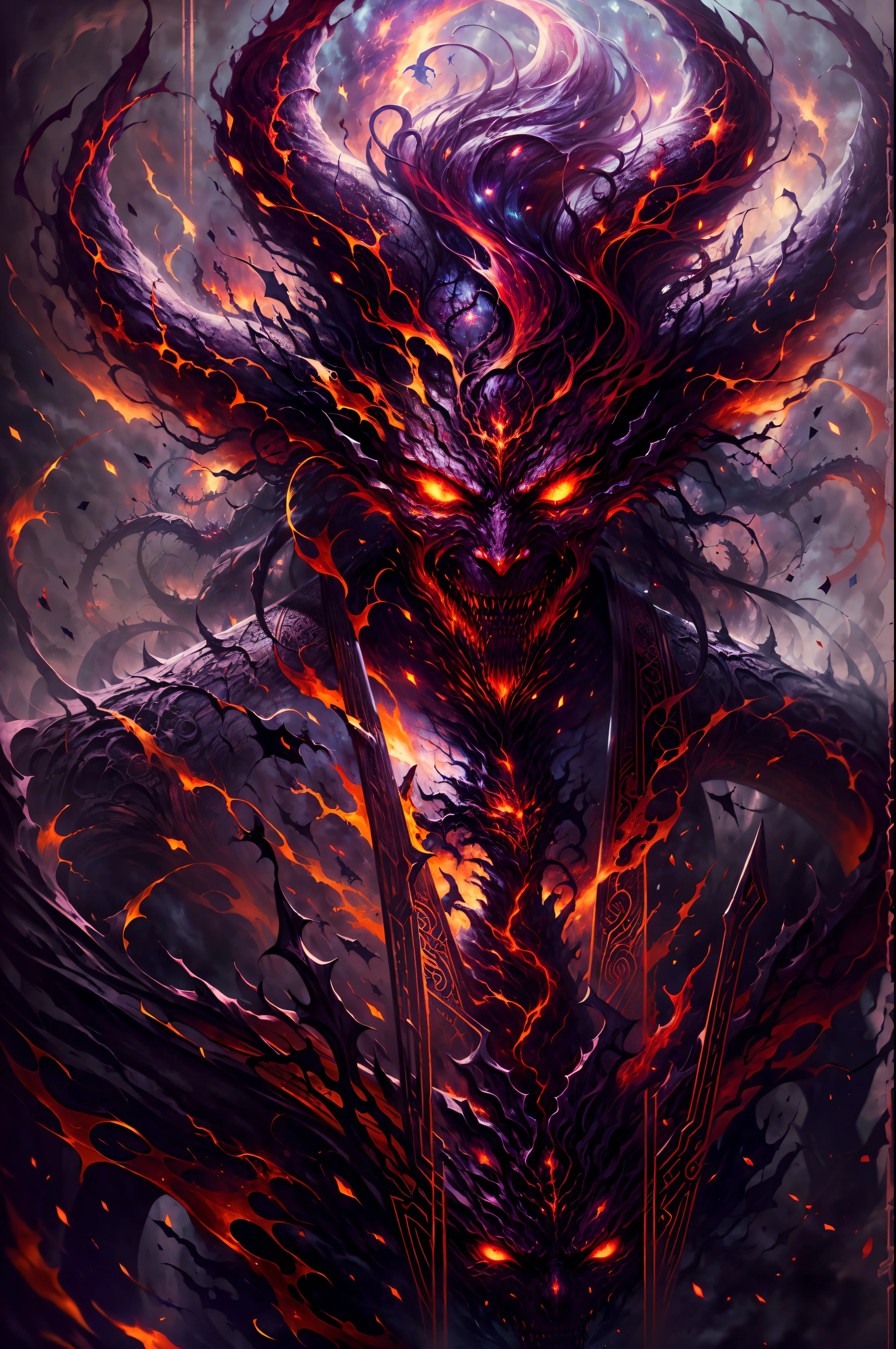 A red skin humanoid demon came from hell, red scale in some of its body, several horns on its head create a crown, glowing red eyes,big burning fire demon wings, BREAK big scary mouth with razor teeth, sharp claw, thorn on body, blood on body, a lot of fire, twisted tail with sharp blade, death aura, red power, small thorn run along it's body, BREAK magma and lava rock in the background, broken ground, red sky, burning ground, hell background, horror film, scary atmosphere, BREAK,Detailed,Realistic,4k highly detailed digital art,octane render, bioluminescent, BREAK 8K resolution concept art, realism,by Mappa studios,masterpiece,best quality,official art,illustration,ligne claire,(cool_color),perfect composition,absurdres, fantasy,focused