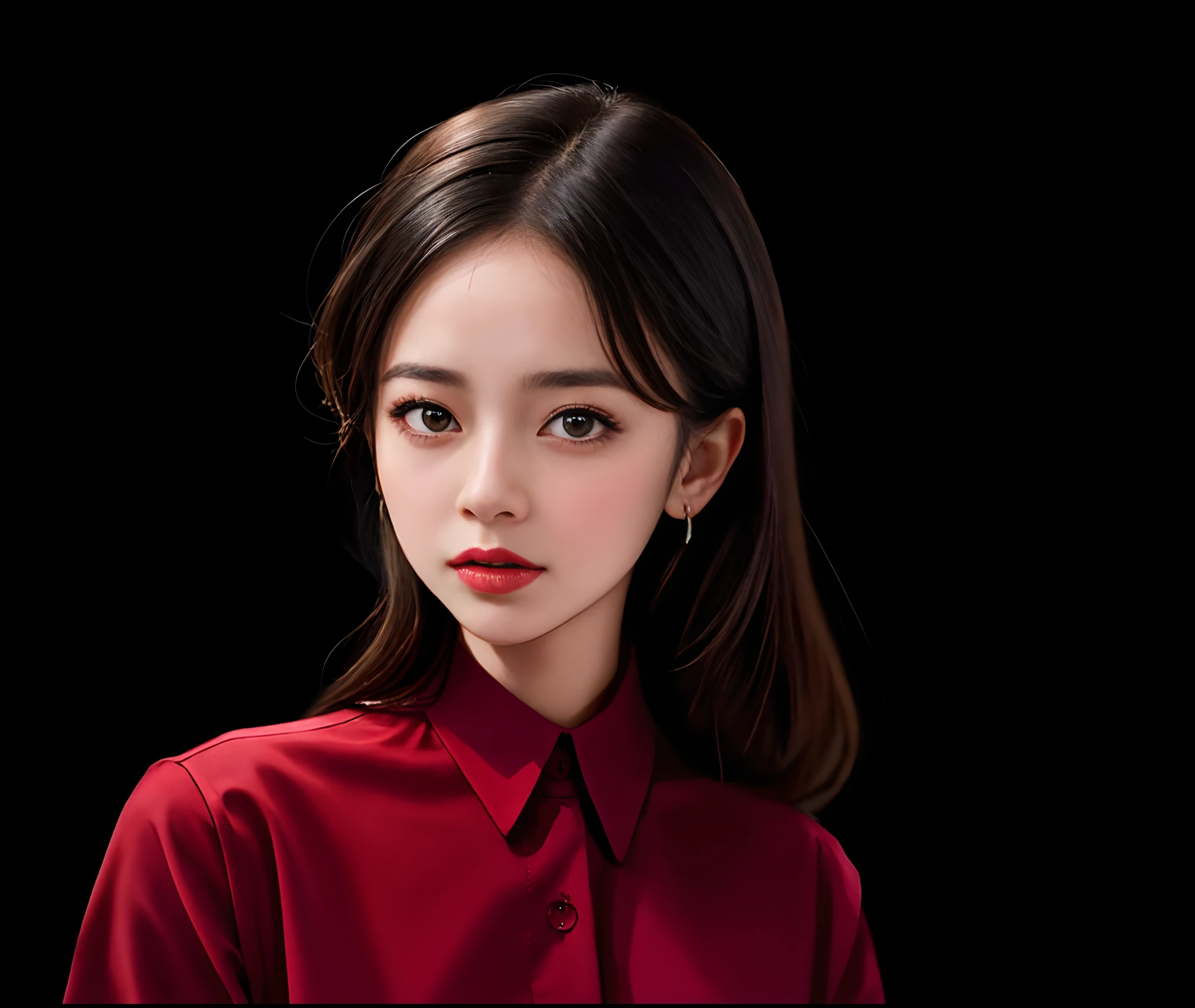there is a woman with a black and red shirt,photo of a woman, portait photo profile picture, photo of young woman, candid portrait photo, portait image, photo taken in 2 0 2 0, student, centre image, headshot profile picture, inspired by T. K. Padmini, very clear picture, halfbody portrait, on black background