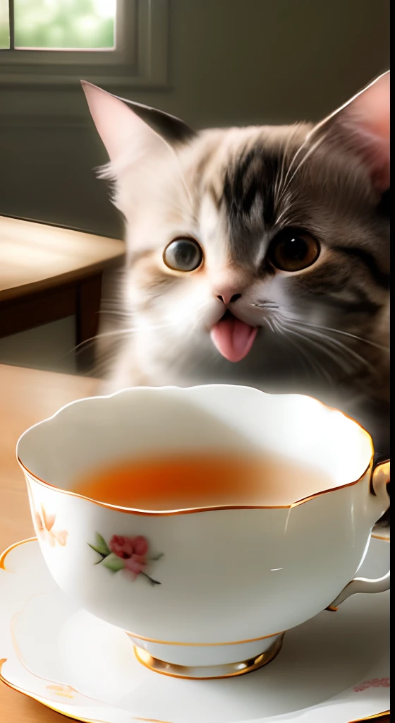 two cats、(((Has a small)))、In a teacup、Showing your face、sticking out the tongue、Putting the front paws out of the teacup、8K、professional photograpy、Delicate、Vivid、on table、in a house、Sheer sunlight、Light leak、masterpiece、(((lovely)))、(Stylish teacups)、reality、It's like a stuffed animal.