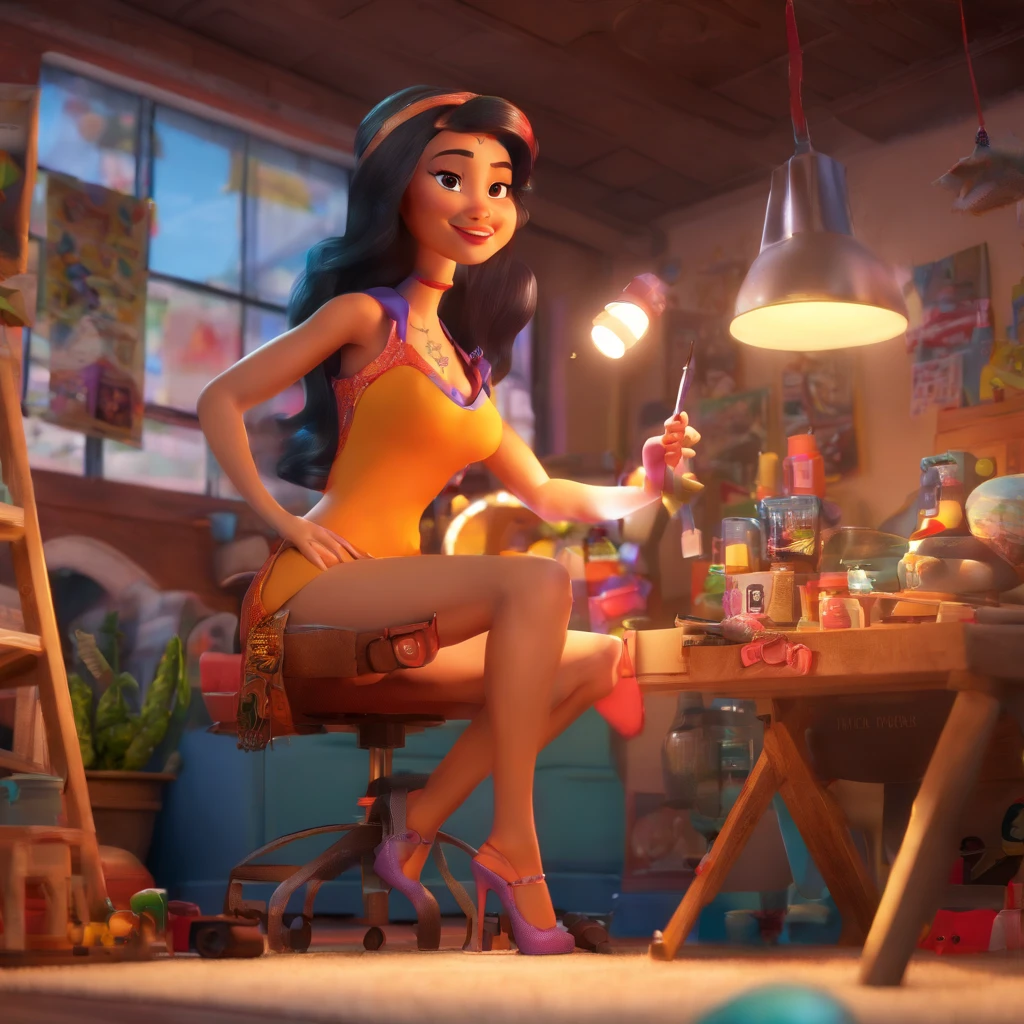 create a Disney Pixar-inspired movie poster in 3D, the scene must be in Pixar's signature digital art style, with a cartoonish image reminiscent of Brazilian singer "Anita" in a prone position, wearing a bikini while a tattoo artist sits tattooing with a giant ring on one of his hands, inside a tattoo studio. Brilhante e delicado,fundo limpo, Bom brilho, 3D rendering of,best quality