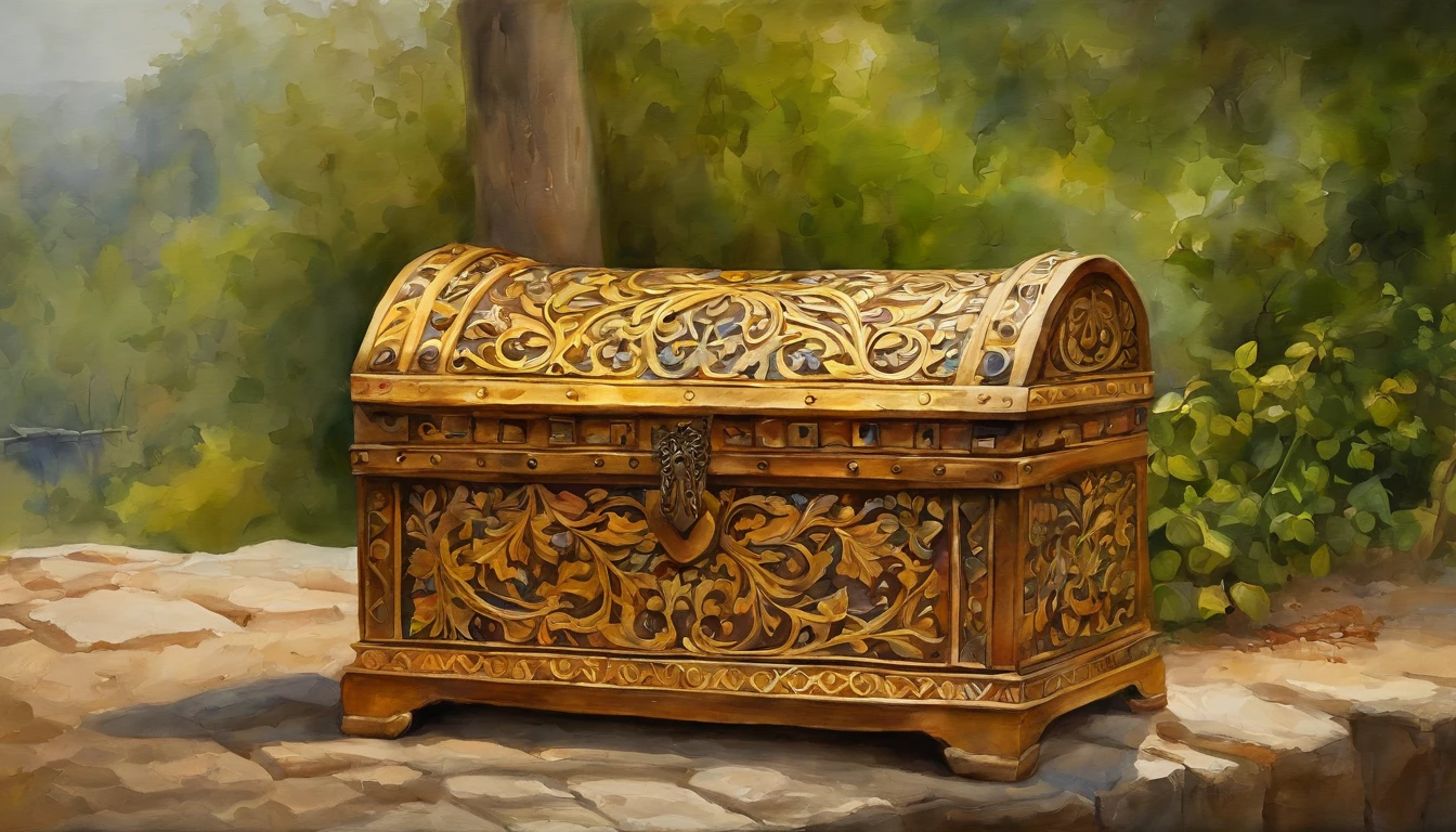 A Golden Chest, no jardim , oil-painting, classical style, cores ricas, pinceladas, texturas vibrantes, retratos expressivos, dynamic compositing, Capturando luz e sombra, artistry, beleza atemporal.