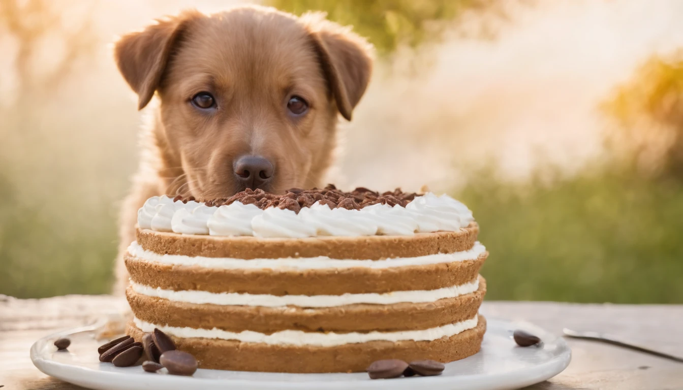 Delicious dessert, tiramisu, un chien en train de le manger, jardin, ensoleiller, piscine