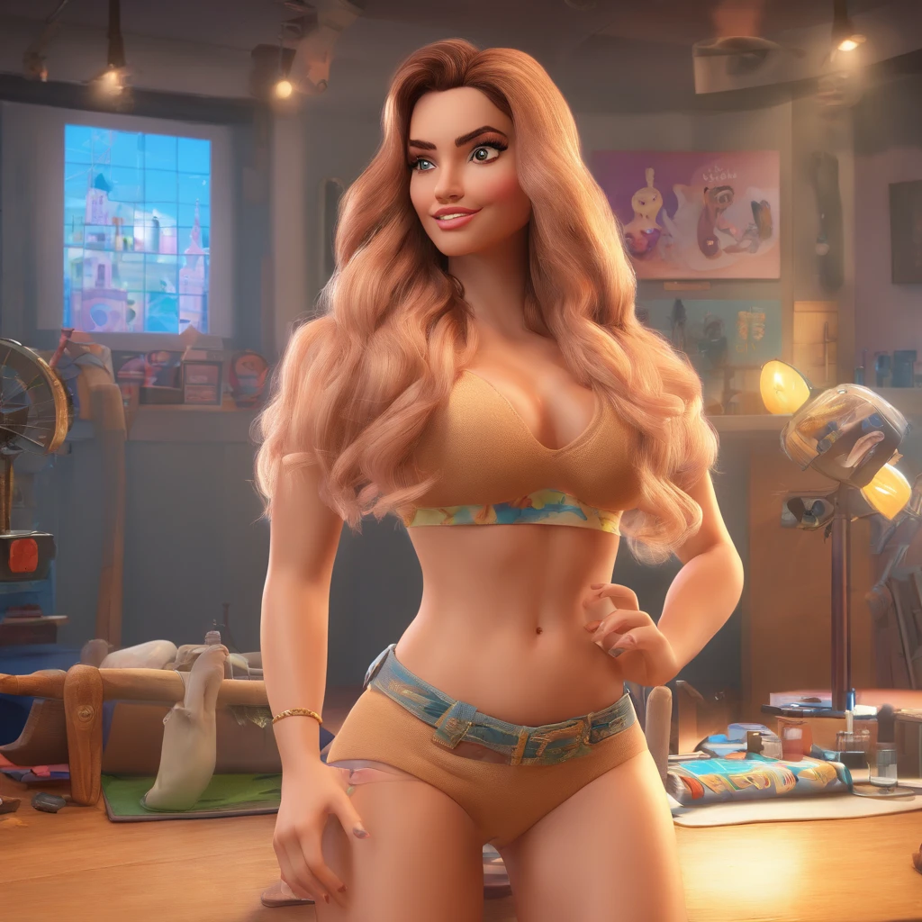 create a 3D Disney Pixar-inspired movie poster, The scene should be in Pixar's signature digital art style, com uma imagem caricatural que lembra a cantora brasileira "Anita" in the prone position, Wearing a bikini while a tattoo artist is sitting tattooing with a giant ring on one hand, inside a tattoo parlor.
