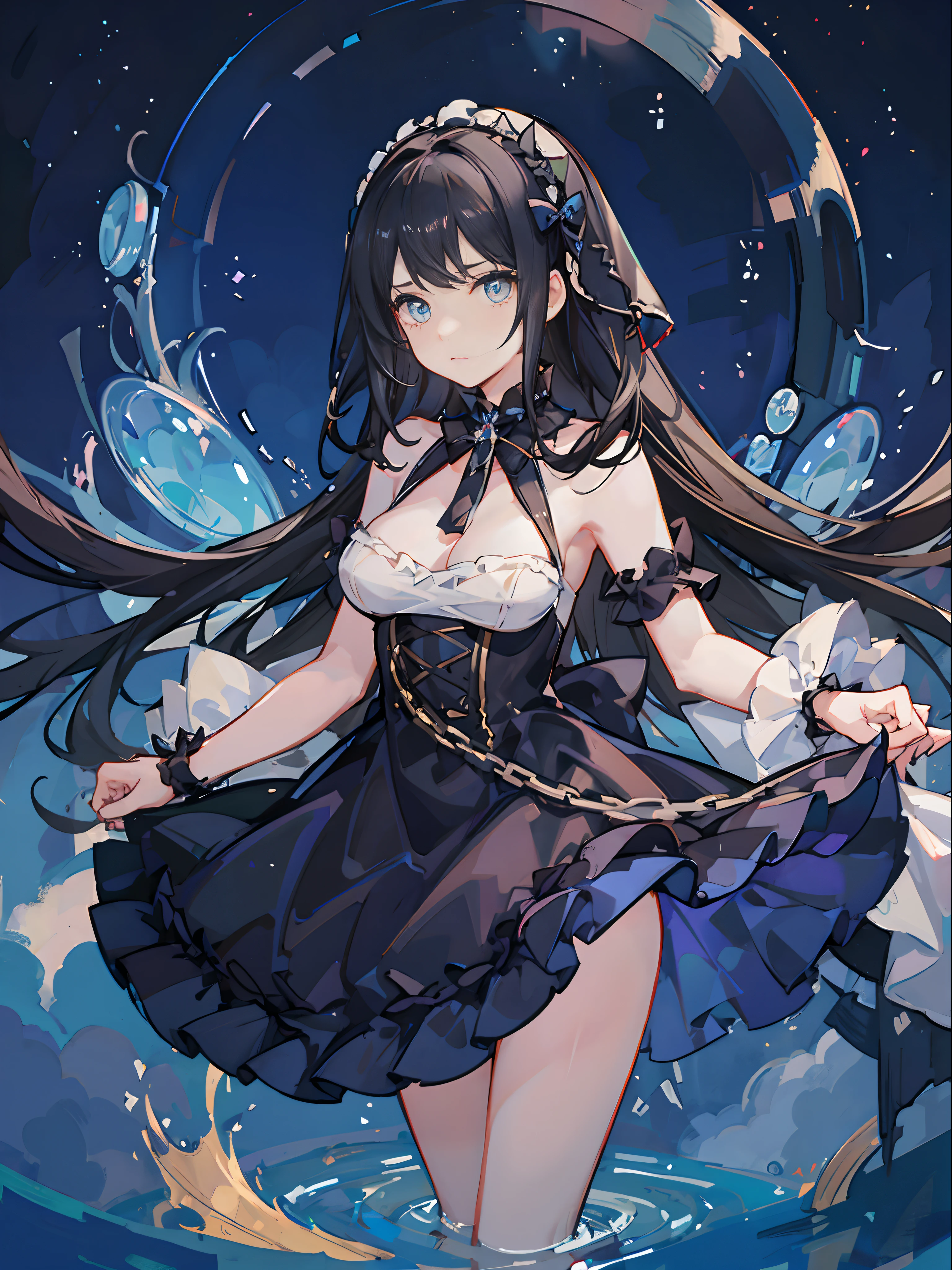 1 woman, Black hair, Blue Pupils, Delicate face, Cute, Delicate and simple gothic dress,Menhera、Sickly cute、Yume Cute、Kitschy aesthetics、Details you miss when you blink、Bankrupt human body、Dynamism、Color rough