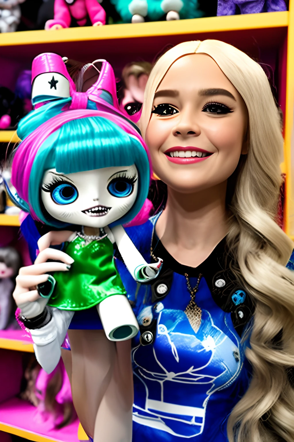 Frankie Stein's character from the series " monster high" Taking a selfie with a doll of her marketed by " Mattel " dans la main