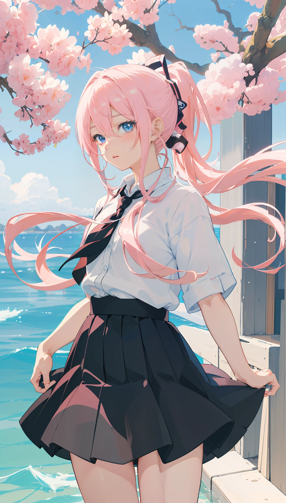 Anime girl in short black skirt and white shirt, up of young anime girl, Anime moe art style, Anime girl, portrait anime girl, Portrait of an anime girl, An anime girl, style of anime4 K, pretty anime girl, (Anime girl), portrait of cute anime girl,Stay in the sea,The sea between the eyes,The M word remained in the sea,light blue eyes,Light pink hair,fully body photo,divino,ray of lights,High double ponytail,Goddess Maiden