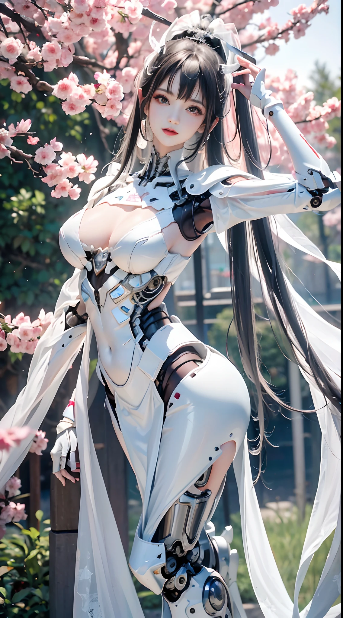 (high resolucion, 4k, Masterpiece:1.2),((Ultra-detailed:1.2)),(realisitic,Realistis:1.37),Girl robot married in Japan,Bridal dress,mechanical limb,Mechanical trunk,Made of shiny white and silver translucent glass and plastic, Delicate lace dresses, Joyful expressions, , vibrant colours, cherry blossom background, Bright sunlight, highly intricate details, Female elves, Beautiful waist, navels, big size ass, Exposed metal skeleton, 1 Cyborg Girl, Detailed hydraulic cylinders from Sumer, Raw skin is exposed to the valley、large full breasts, (random pose、dynamicposes,:1.2)