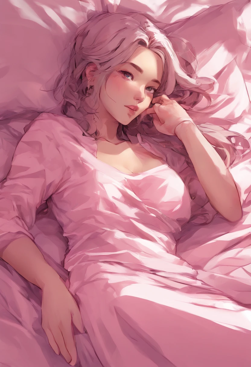 nikon RAW photo, 8 k'', Fujifilm XT3, Masterpiece, Shirt pink quality, Realistic, Photorealistic, (Lying in bed), (sheets), (lie on pillows), (pervert smirk: 1.1), Best quality, (Detailed facial features), (eyeslashes: 1.1), (Depth of field: 1.1), (color difference: 1.1), (Caustics: 1.1) Goddess