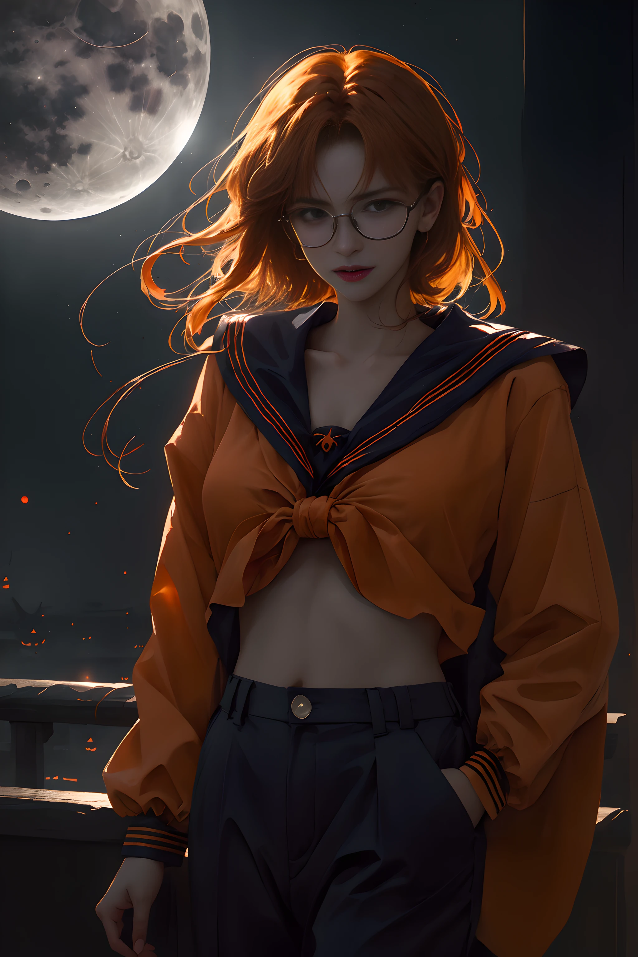 (Halloween Vampire Theme:1.3), Eldritch Monster, upper-body photo of a (Elegant) Vampire woman standing on rooftop under red full moon, Vampire Fangs, tusk, Show me your fangs, Wearing a orange Halloween costume, (Fusion of orange sailor suit and work pants:1.3), (orange theme clothes:1.3), wears glasses, Closed mouth,(Smiling eyes:0.2),Looking at Viewer, (masutepiece, Best Quality:1.2), absurderes, Perfect Artwork, Trending on ArtStation, Highly detailed, Delicate, (Realistic, Photorealsitic:1.37), Portrait, Light on Face, Detailed face, Night, Night situation, Night time, (Moonlight:1.3), Tentacles wriggle、Realistic, Hyper Sharp, ultra-detailliert, short bob cut hair, ppixie hair, parted bangs,