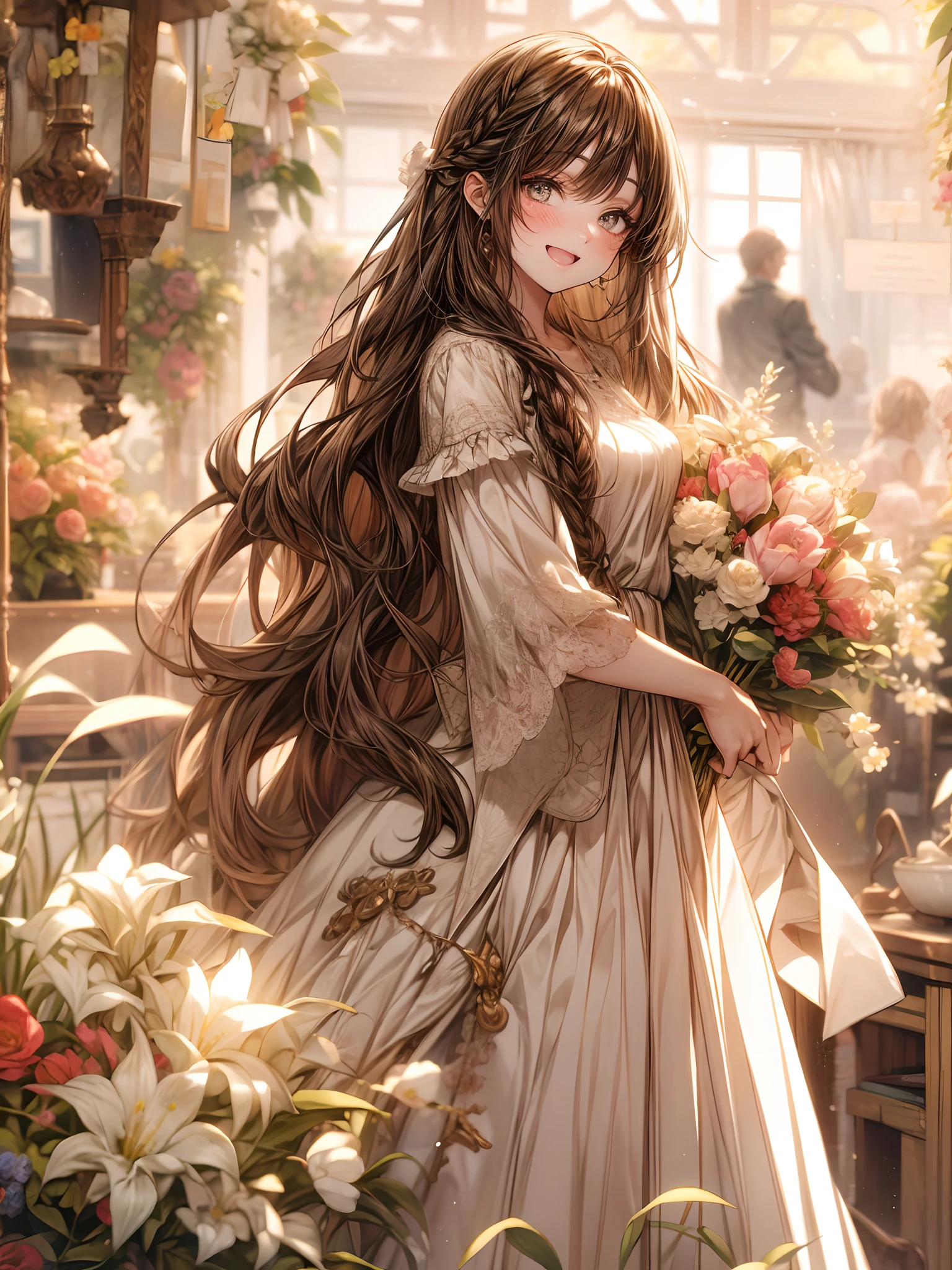 flower shop owner, beautiful female, kind, long dark brown hair, loose braid, happy,brown and white long dress, sitting on the chair with flower bouquets, cozy room, cottage, fantasy 00, --s 2