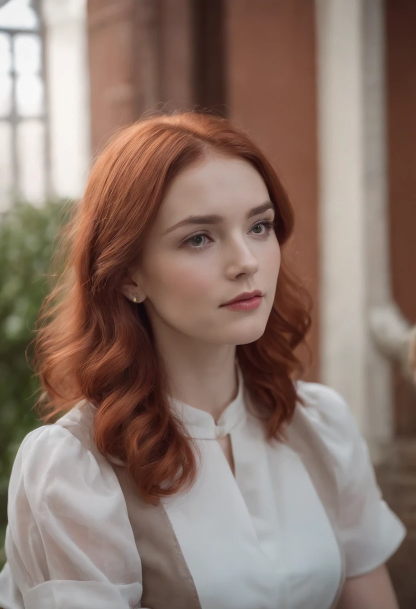 Red hair girl is doing planning with her for friends, one is nurse with short hairs, another is detective with brown hat, one is sorcerer with morden outfit, all wearing formal dress