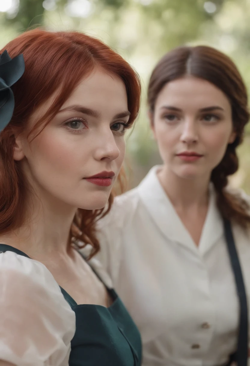 Red hair girl is doing planning with her for friends, one is nurse with short hairs, another is detective with brown hat, one is sorcerer with morden outfit, all wearing formal dress