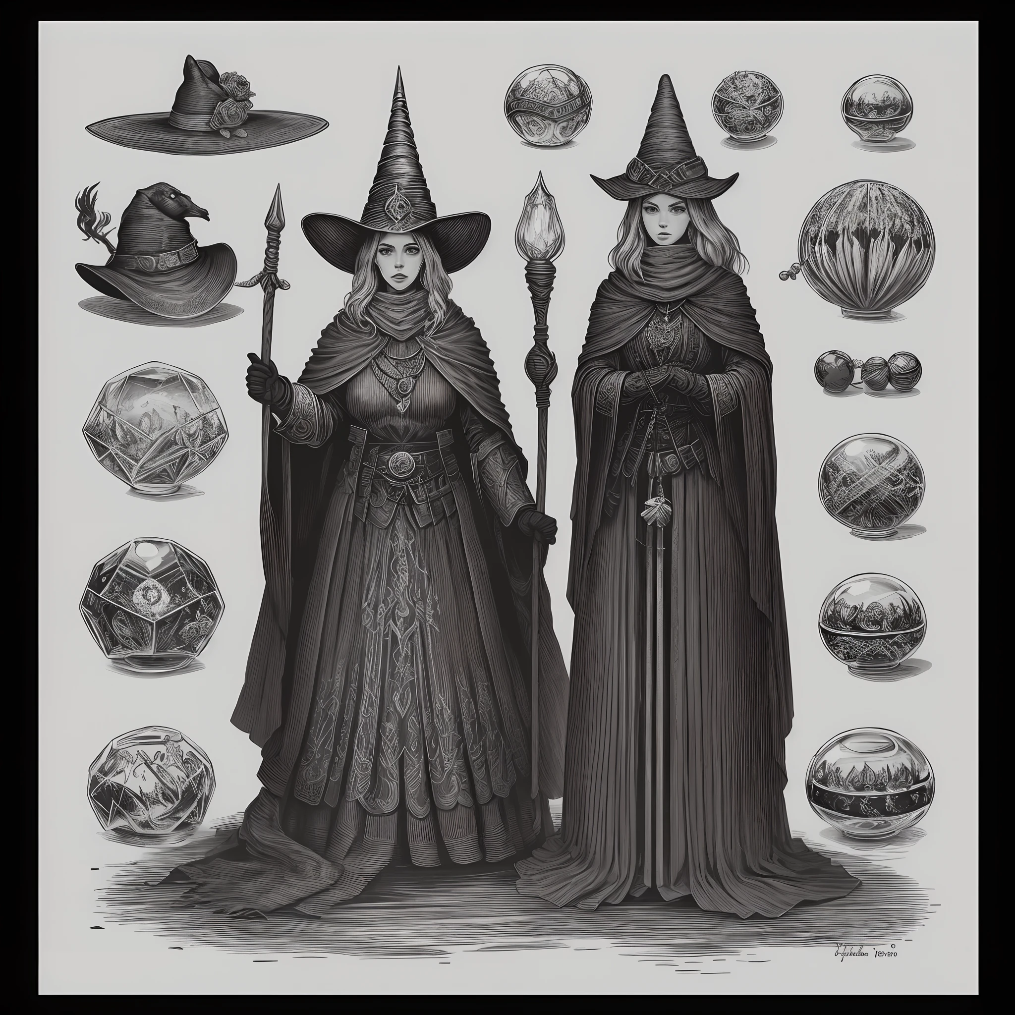 RPG illustration of several separate things assets icons fantasy ingredients: un cuerno de unicornio, hierbas curativas, flores silvestres, caldero de bruja negro vacio, staff, bola de cristal, Magic Dust Bag, sombrero de bruja...estilo Skyrim,rustico, dibujo plano,bien dibujado, thick line, color terroso,etching
