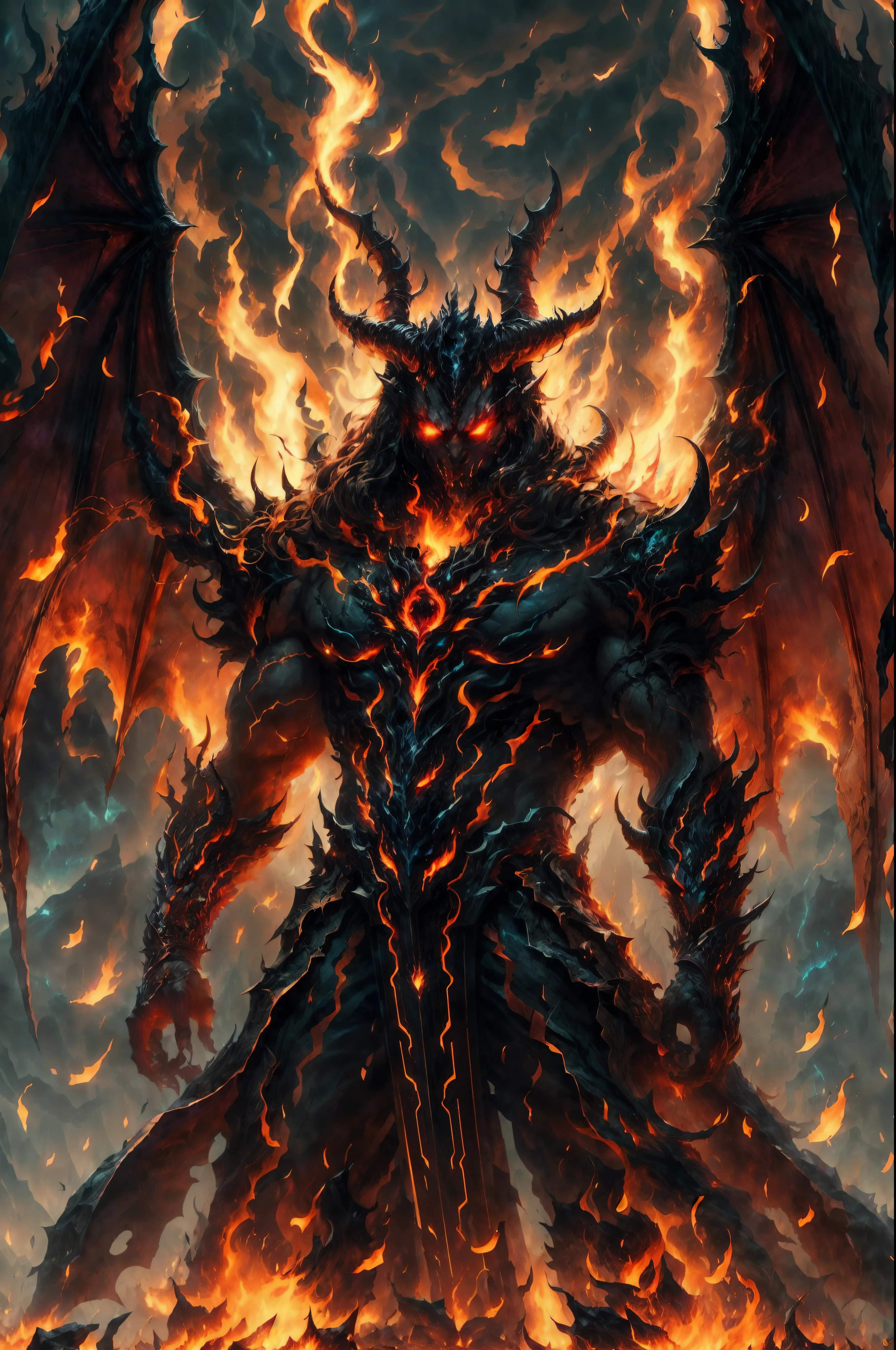 Male with black eyes，Long black-haired anime characters standing in front of giant Mamon demon creatures, ruler of inferno, the dark lord sauron, lord from hell on the throne, Tomasz Alen Kopera and CGsociety, hell, Symmetrical epic fantasy art, Bird Emperor, marc simonetti and sakimicha, , dragon pope，（handsome，Delicate）