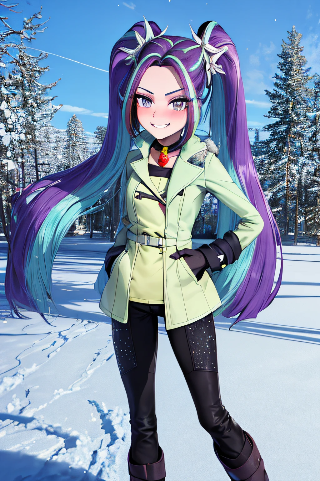 mlparia, smile, twintails, (trench coat, black pants, boots, Shapka, winter neck polar knit:1.4), smile, blush, looking back, hands in pocket, hair ornament,  belt, jewelry, snow, sky, clouds, sun, sunlight, thin body, thin legs, (best quality,4k,8k,highres,masterpiece:1.2),ultra-detailed,realistic:1.37,vivid colors,studio lighting