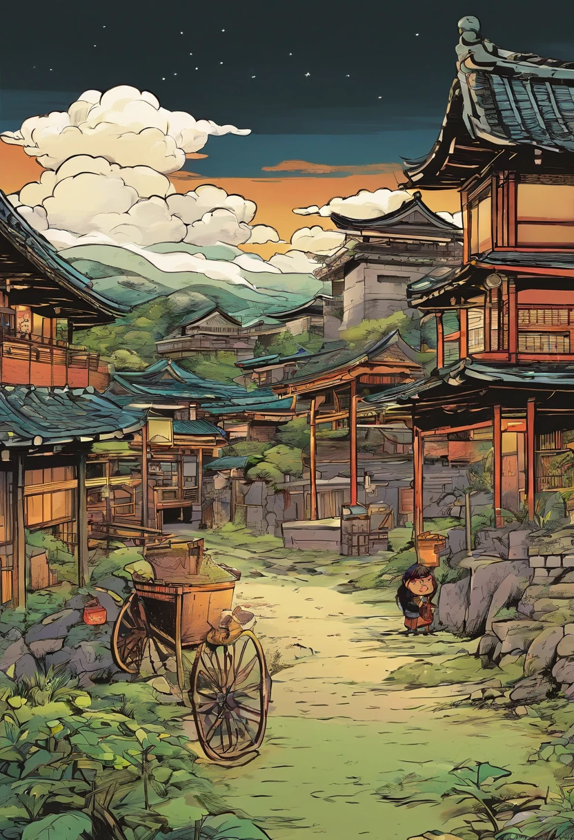 Various images of Japanese villages in the ninja era and battlefields children's book illustration style