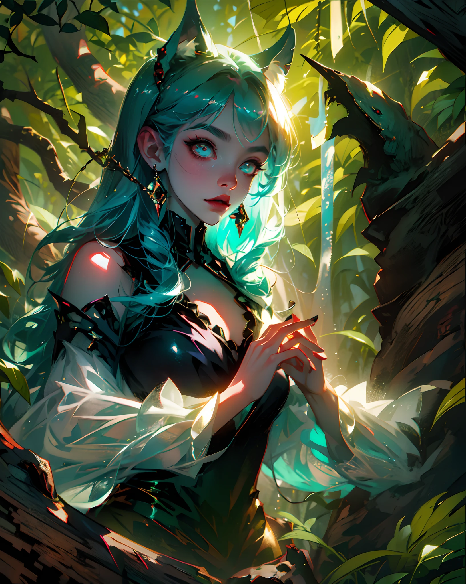 ((elf girl)), cute, best quality, detailed, 4k, hdr, sharp focus, bound in trees, cuffed hands, hang on tree brunch, damaged clothes,high resolution, ear-length hair, very short hair, messy (green) hair, dynamic posing, traveling in the woods, vibrant detailed background, 1girl, solo, full body:1.2, full_body:1.2,  Animal ears --auto --s2