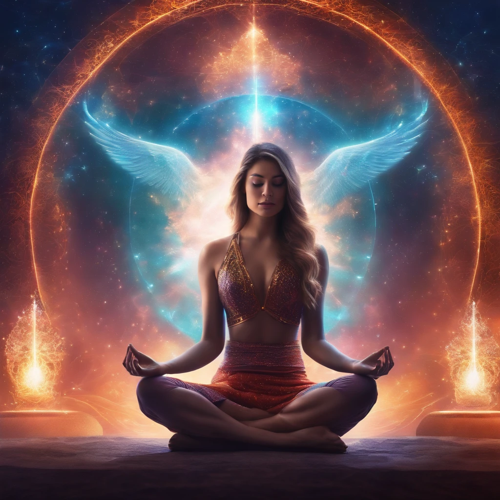 a pregirl,Meditate cross-legged, at centre,Very bright colors, Light particles, with light glowing, Mshiv, wallpaper art, UHD wallpaper