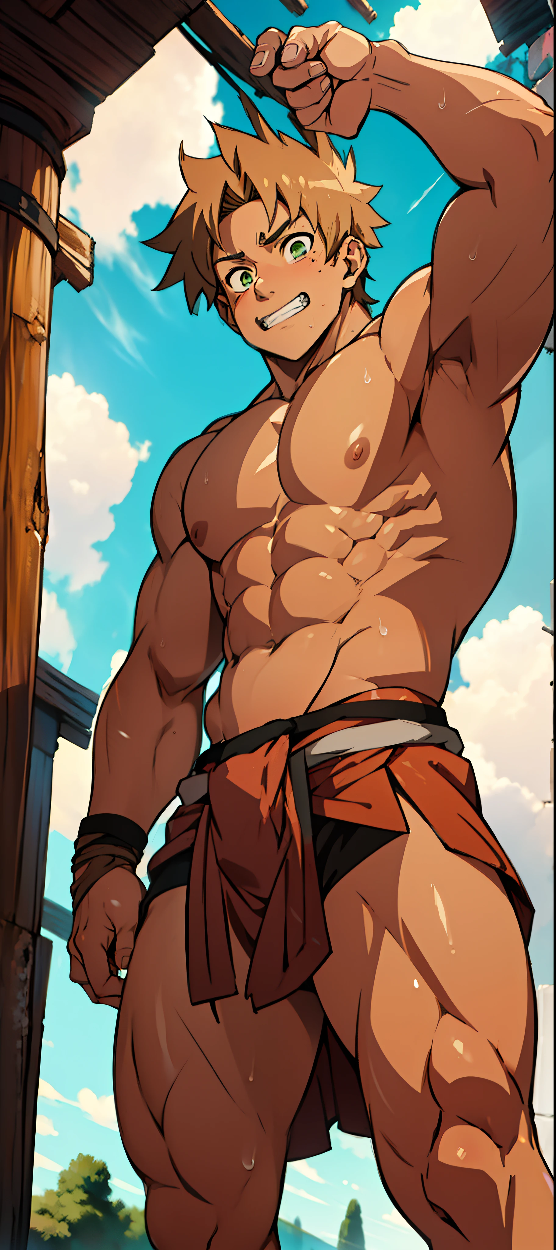 Shiny skin, Red skin, rosy skin, bright red skin, the boy blushed shyly, red face (muscular thigh muscles )(Naruto anime style, art) (photo angle from bottom up) (photo angle from the ground upwards) [Anime photo][highest quality photo][4k,HD photo quality ] wear tight and short loincloths ,the loincloth bulges due to the erect male genitals (muscular thigh muscles, firm thigh muscles, muscular thigh muscles, sinewy thigh muscles, giant thigh muscles, strong leg muscles, muscular hamstring leg muscles)(thigh muscles bulging as if about to explode, muscular, calloused, sinewy, giant) , Rudeus Greyrat, shy, pensive, tired,boy is tightening his abdominal muscles, bodybuilder,bodybuilding, standing, lots of sweat flowing down, topless, shirtless, hot sunny, 8 pack abs , short hair , green eyes