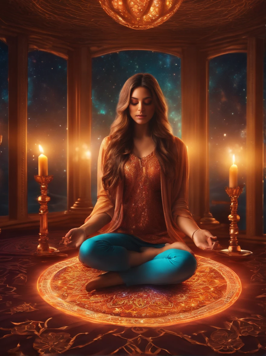 a pregirl,Meditate cross-legged, at centre,Very bright colors, Light particles, with light glowing, Mshiv, wallpaper art, UHD wallpaper