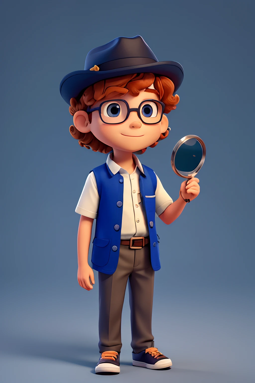 Ilustrar um menino curioso, Wearing a detective hat, With a detective magnifying glass in his hand, orange hair, sardas no rosto, Your hair is curly, his shirt is blue, Ele usa bermuda, sneaker, Imagem de corpo inteiro em um fundo completamente branco.