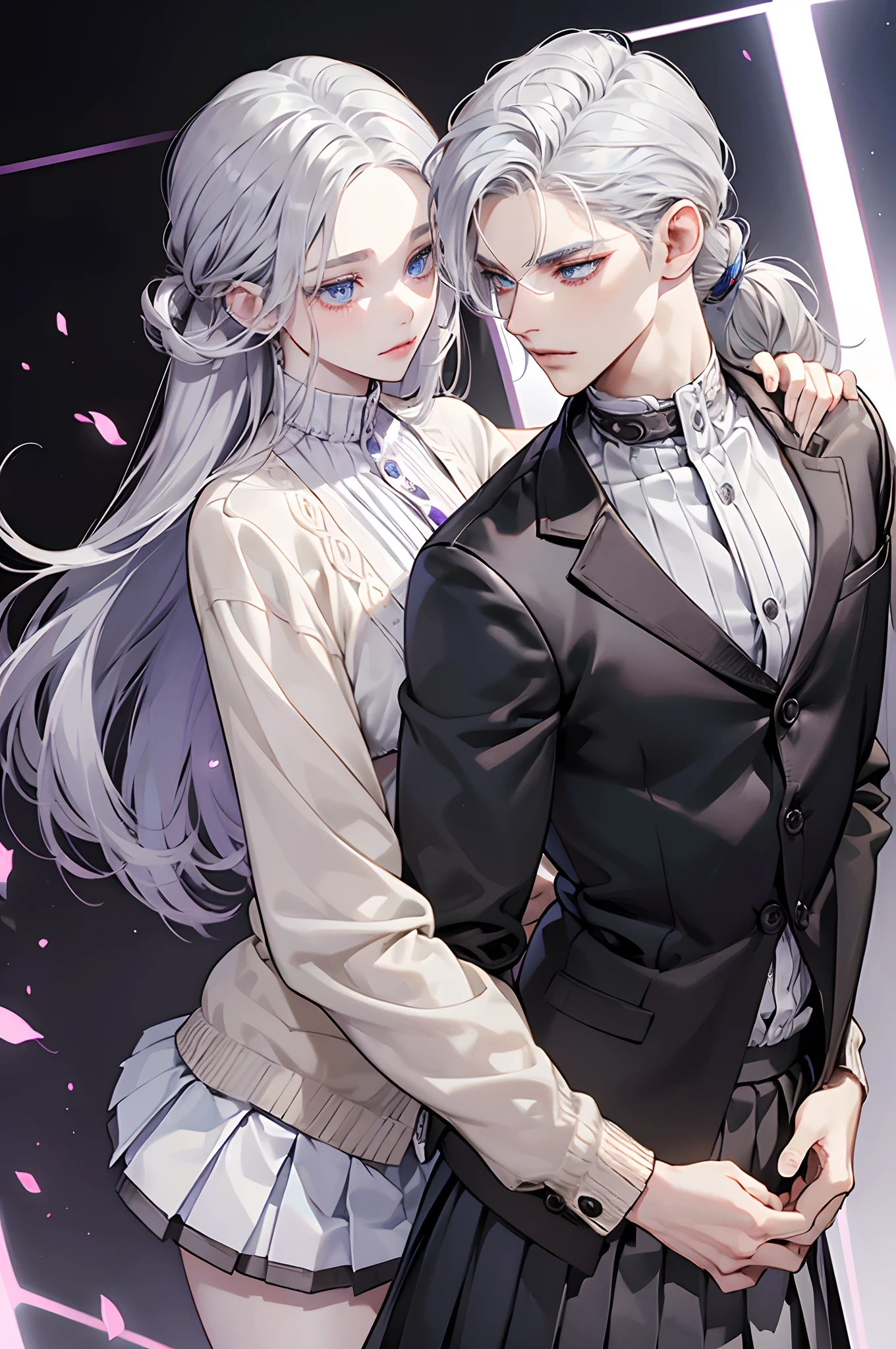 {{{masterpiece}}}, {{{best quality}}}, {{ultra-detailed}}, {illustration}, {{an extremely delicate and beautiful}},super detailed skin,1 male and 1 female,(male:1.5),a female in her 20s,dark skin,(dark skin:1.5),silver hair,(silver hair :1.5),female bob hair,(female bob hair:1.5),shiny hair,medium breast,(medium breast:1.5),slit eyes(slit eyes:1.5),blue eyes,(blue eyes:1.5),a male in his 20s,male silver hair,(male silver hair:1.5),male long hair,(male long hair:1.5),male pale skin,(male pale skin:1.5),male lean,(male lean:1.5)couple,otome game,(otome game:1.5),female cardigan and white pleated skirt,(female cardigan and white pleated skirt:1.5),male purple shirt and black leather pants,(male pink shirt and black leather pants),cheek to cheek,from behind,dynamic angle,blush cheeks