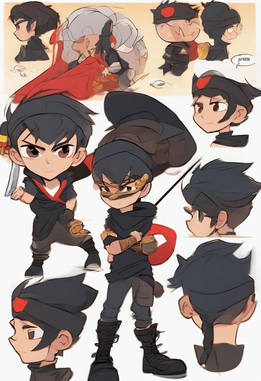 boy character model, different angles poses and expressions, children's book illustration style, character sheet with white background, charming ninja with black clothes, balaclava, headband and black boots