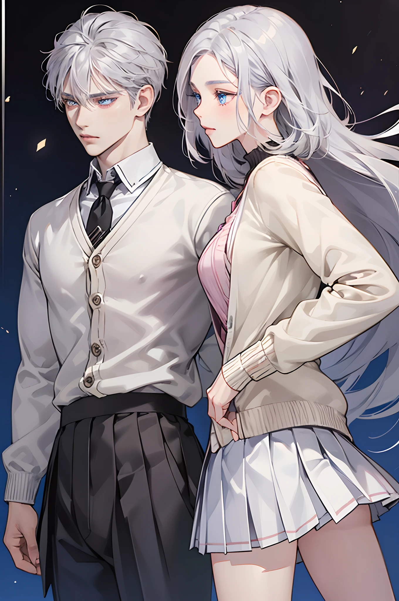 {{{masterpiece}}}, {{{best quality}}}, {{ultra-detailed}}, {illustration}, {{an extremely delicate and beautiful}},super detailed skin,1 male and 1 female,(male:1.5),a female in her 20s,dark skin,(dark skin:1.5),silver hair,(silver hair :1.5),female bob hair,(female bob hair:1.5),shiny hair,medium breast,(medium breast:1.5),slit eyes(slit eyes:1.5),blue eyes,(blue eyes:1.5),a male in his 20s,male silver hair,(male silver hair:1.5),male long hair,(male long hair:1.5),male pale skin,(male pale skin:1.5),male lean,(male lean:1.5)couple,otome game,(otome game:1.5),female cardigan and white pleated skirt,(female cardigan and white pleated skirt:1.5),male purple shirt and black leather pants,(male pink shirt and black leather pants),cheek to cheek,from behind,dynamic angle,blush cheeks