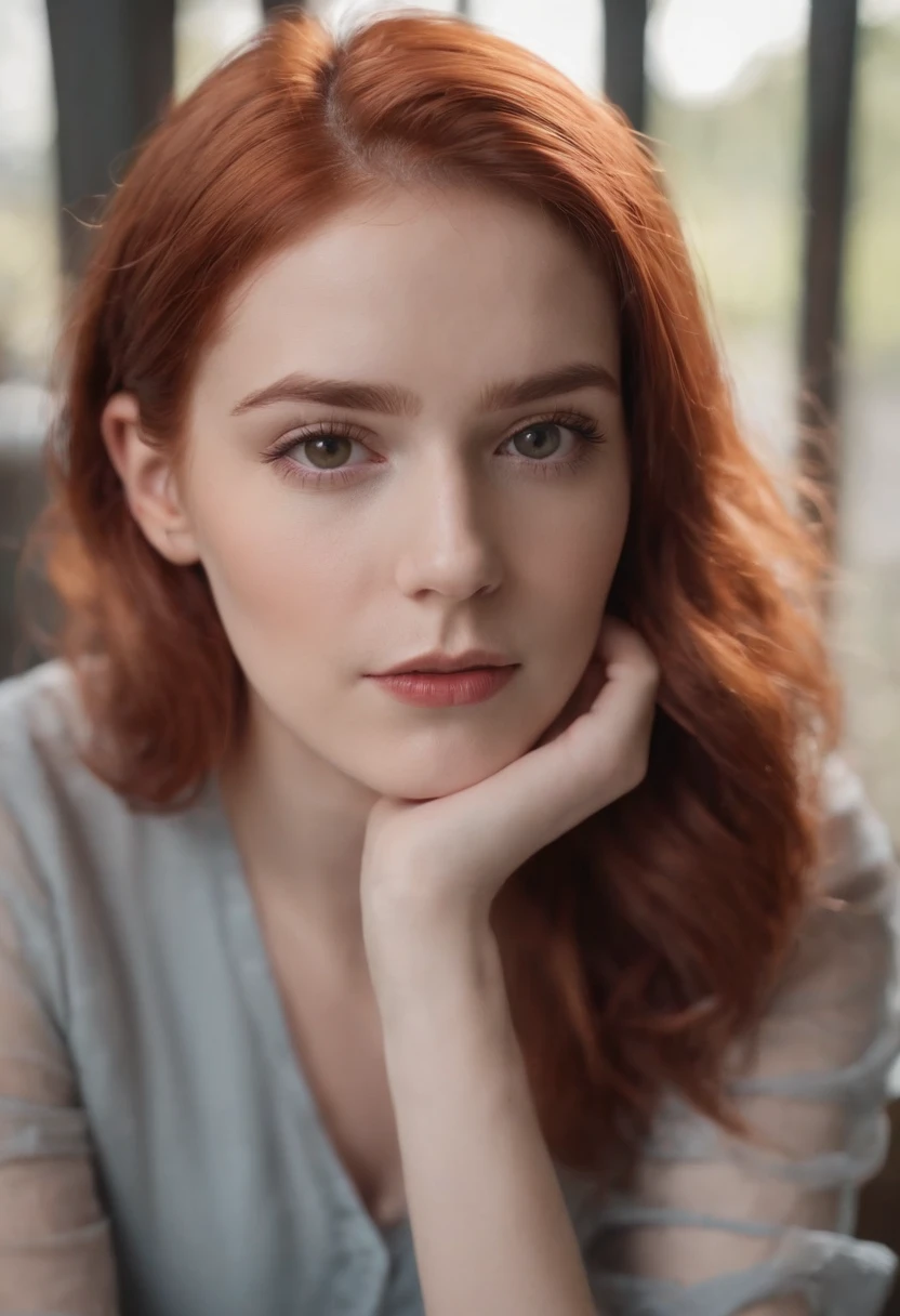 Red hair girl is doing planning with her for friends, short hairs, nu