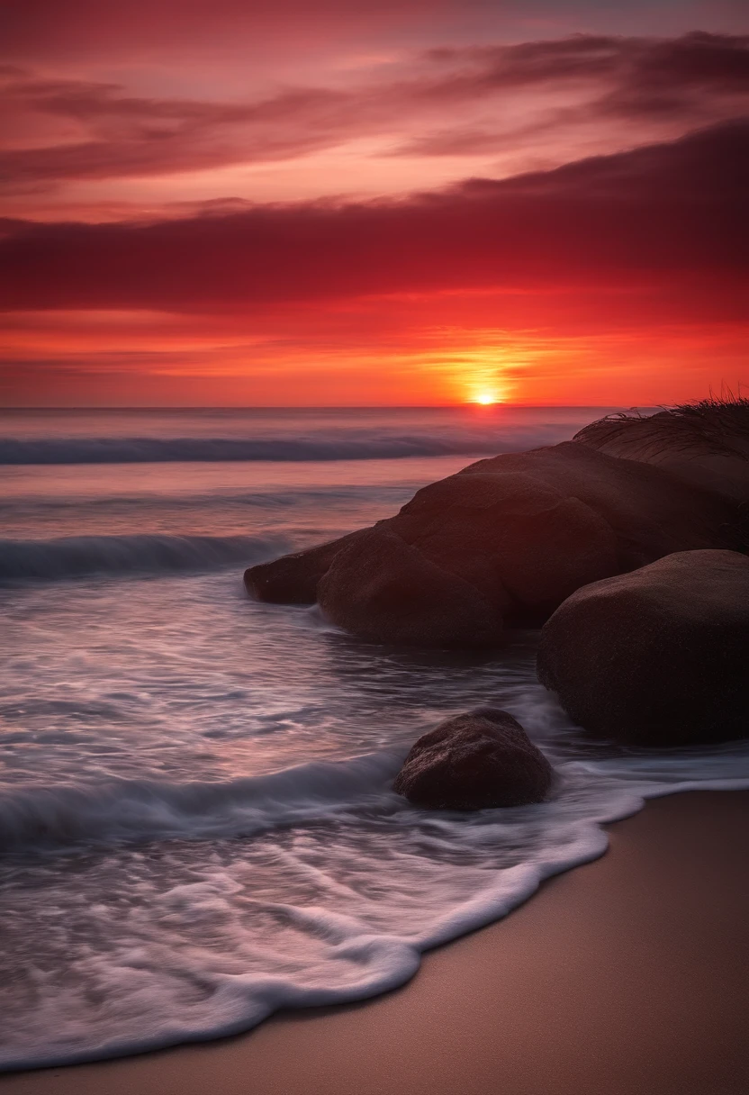 Amanecer en la playa sol saliendo en el horizonte nubes color rojo