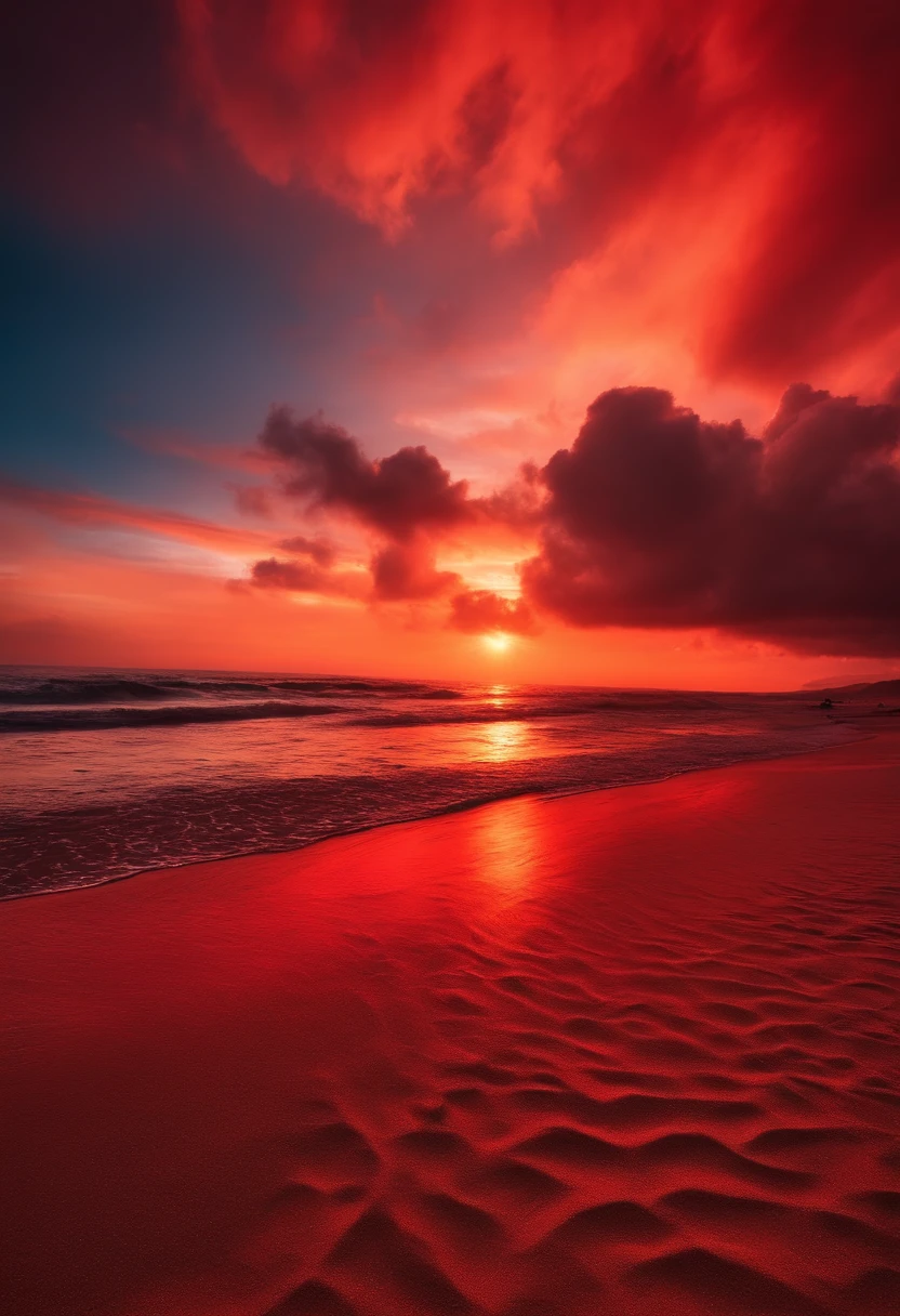 Amanecer en la playa sol saliendo en el horizonte nubes color rojo