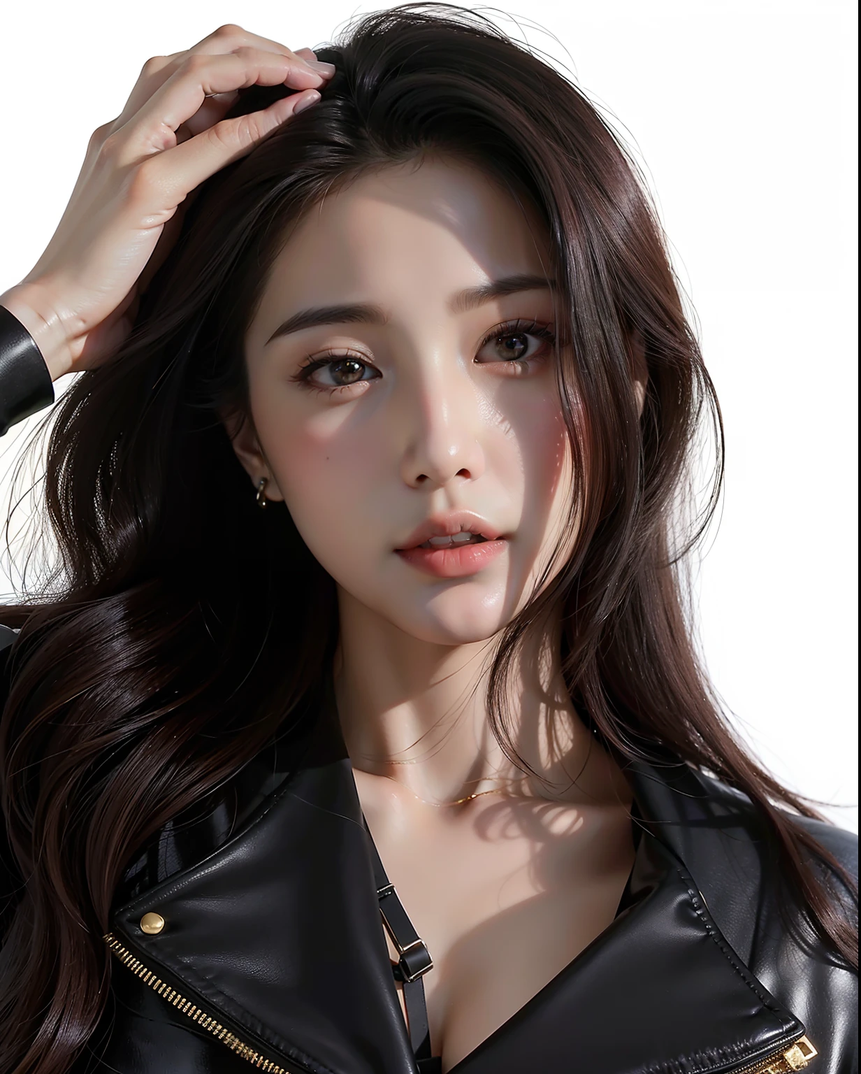 Arad woman,Black denim jacket,long whitr hair, Huge breasts,Oversized breasts,Expose cleavage,Shoulders exposed,Open V corset,cleavage,Bust and SFW,Breasts,wlop glossy skin, Japanese goddess, Shiny wet skin!!, breasts covered and sfw, Realistic perfect body worker, inspired by Tang Sin Yun Sandara, ulzzangs, sun yunjoo, jiyun chae, hwang se - on, Lee Ji-eun, lee ji eun, Choi Hyun-hwa, author:Tang Xianyun Sundara