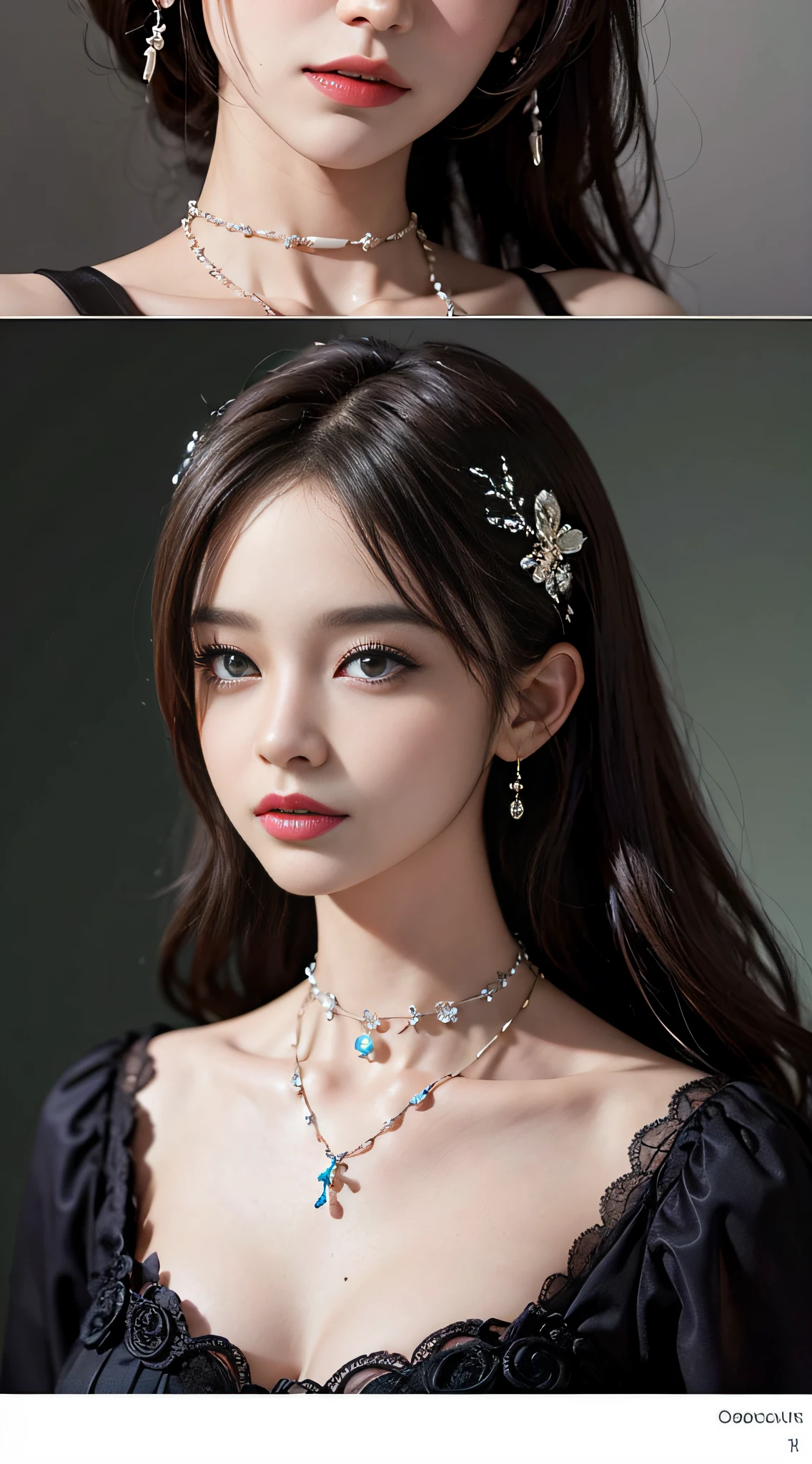 highest quality、masterpiece、8k、Award-winning works、Hyperrealism、Vampire Princess、恐ろしいVampire Princess、Natural forehead、spooky、White skin、Wicked Makeup、Face close-up、Face close-up写真、Photographing faces with beautiful composition、The most detailed and beautiful face、The relentless gaze、look at me、Long eyelashes、spookyなメイク、Black Lips、eye shadow、艶のあるBlack Lips、Top quality ultra HD skins、The most detailed eyes、(The most luxurious and highest quality giant tiara、The most luxurious and highest quality giant necklace、The most gorgeous giant ruby、The most luxurious jewelry decoration、The most luxurious and luxurious black princess dress)、Cleavage、Pitch black background 1.2、dark、Beautiful long wavy hair、