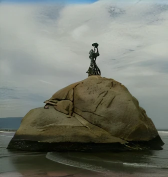 There is a statue on a rock on the beach,Giant waves hitting black rock material statue rock, dramatic art, inspired by John of Flanders, luffy as a marble statue, primeiro plano rochoso, arte feminina, a statue, The rock is in the sea, statue, Miguel Anjo, obra de arte, grande obra-prima, statue of the perfect woman, Obra-prima maravilhosa, por Michaelangelo