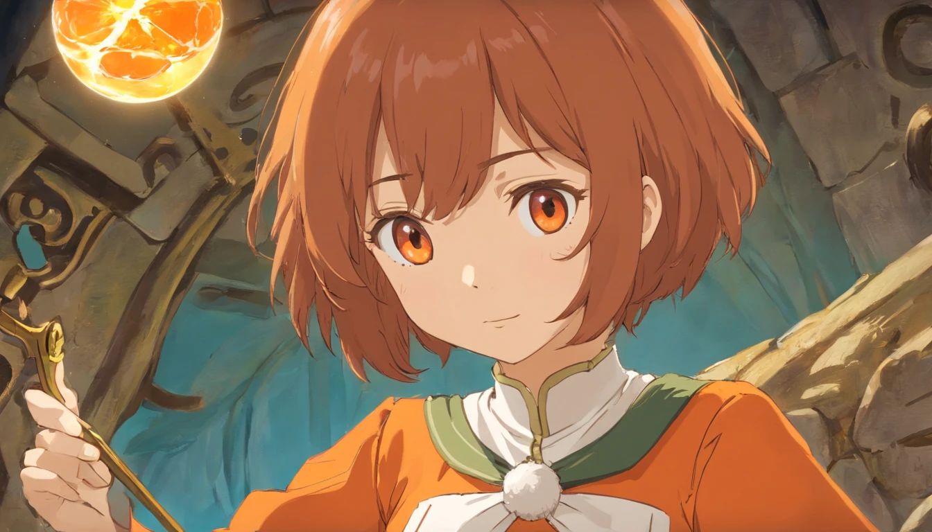 chico vestido de uniforme, con un orbe naranja en la mano, con cara de asombro